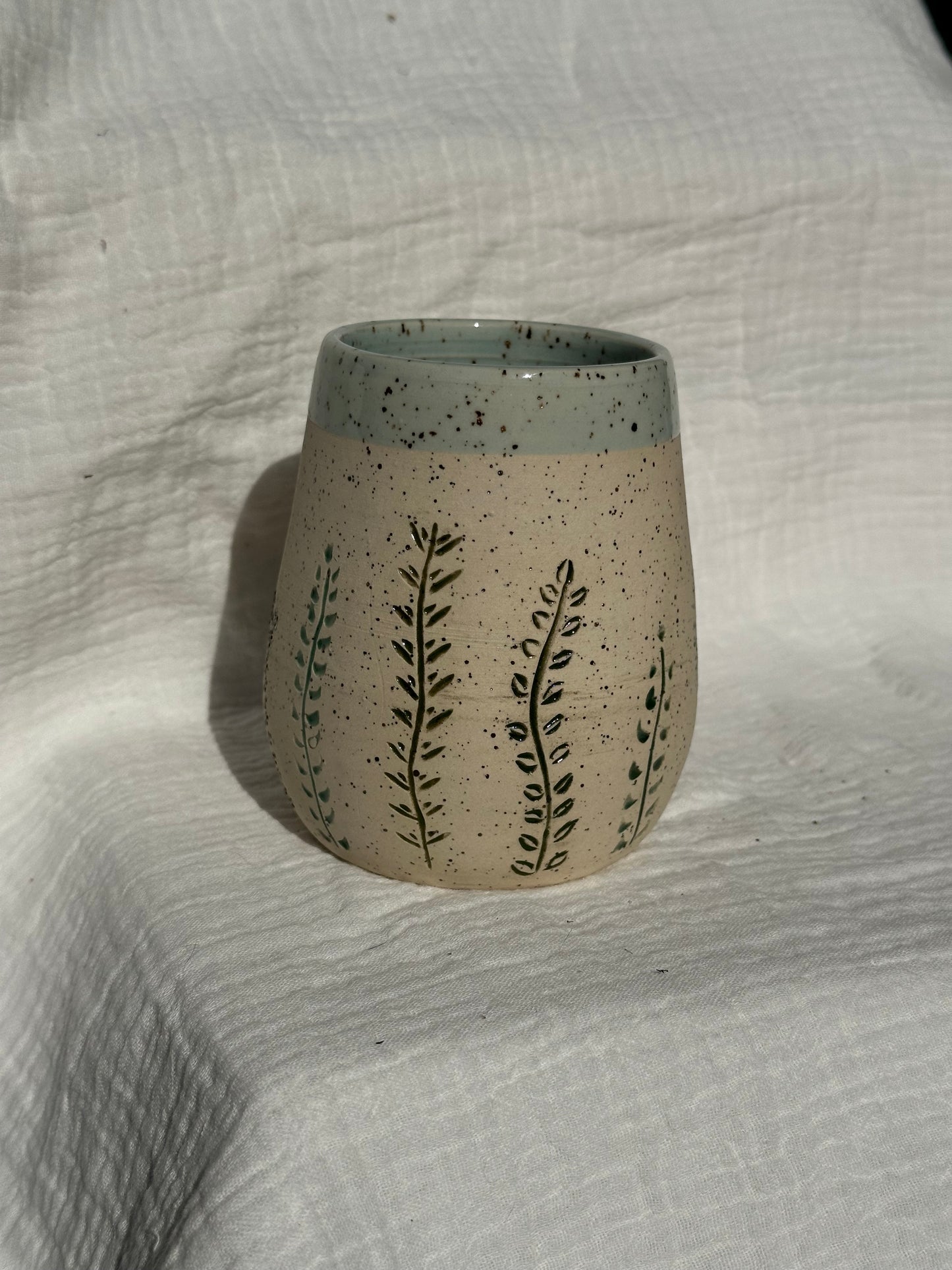 Ceramic Stoneware Carved Flowers Wine Whiskey Cup Botanical Floral Pottery Floral Tumbler