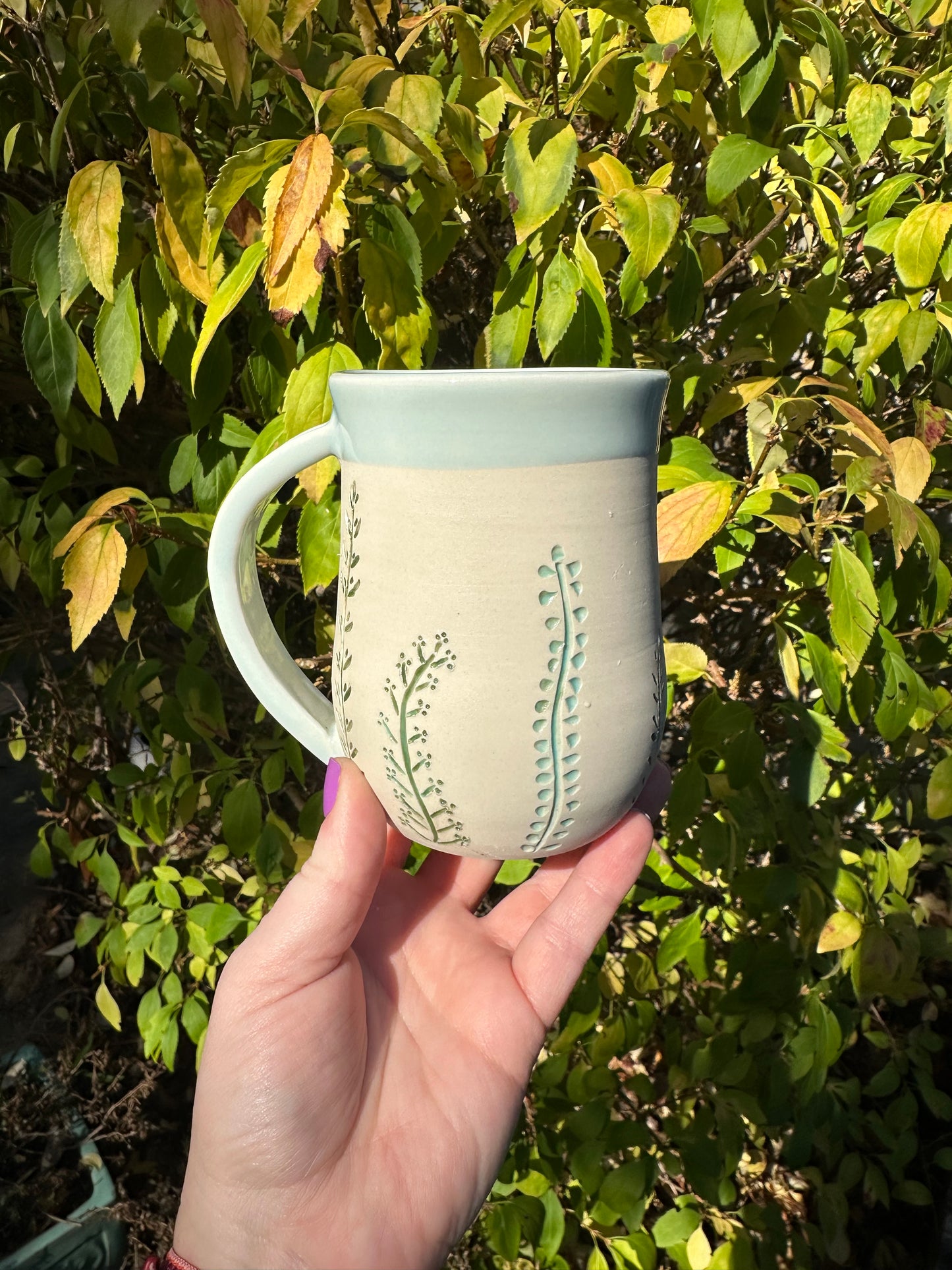 RESERVED Ceramic Stoneware Carved Vines Coffee Tea Mug Cup Botanical Floral Pottery Floral Pride