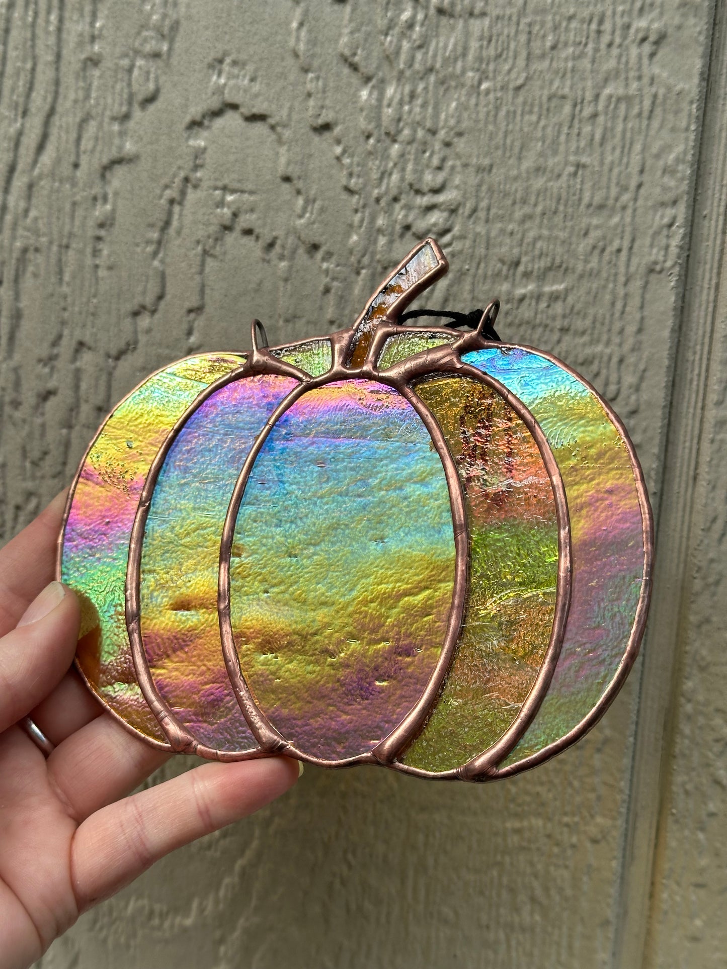 Stained Glass Halloween Pumpkin Gourd Fall Amber Iridescent Copper Patina Suncatcher Window Decoration Glass Art Gift Thanksgiving Housewarming