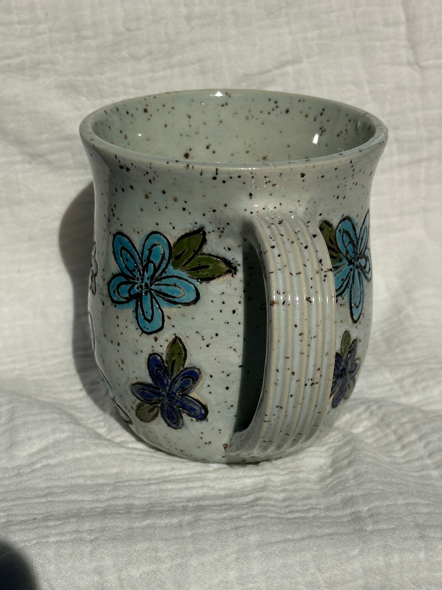 Ceramic Stoneware Carved Blue Multi Colored Flowers Coffee Tea Mug Cup Botanical Floral Pottery Floral Pride