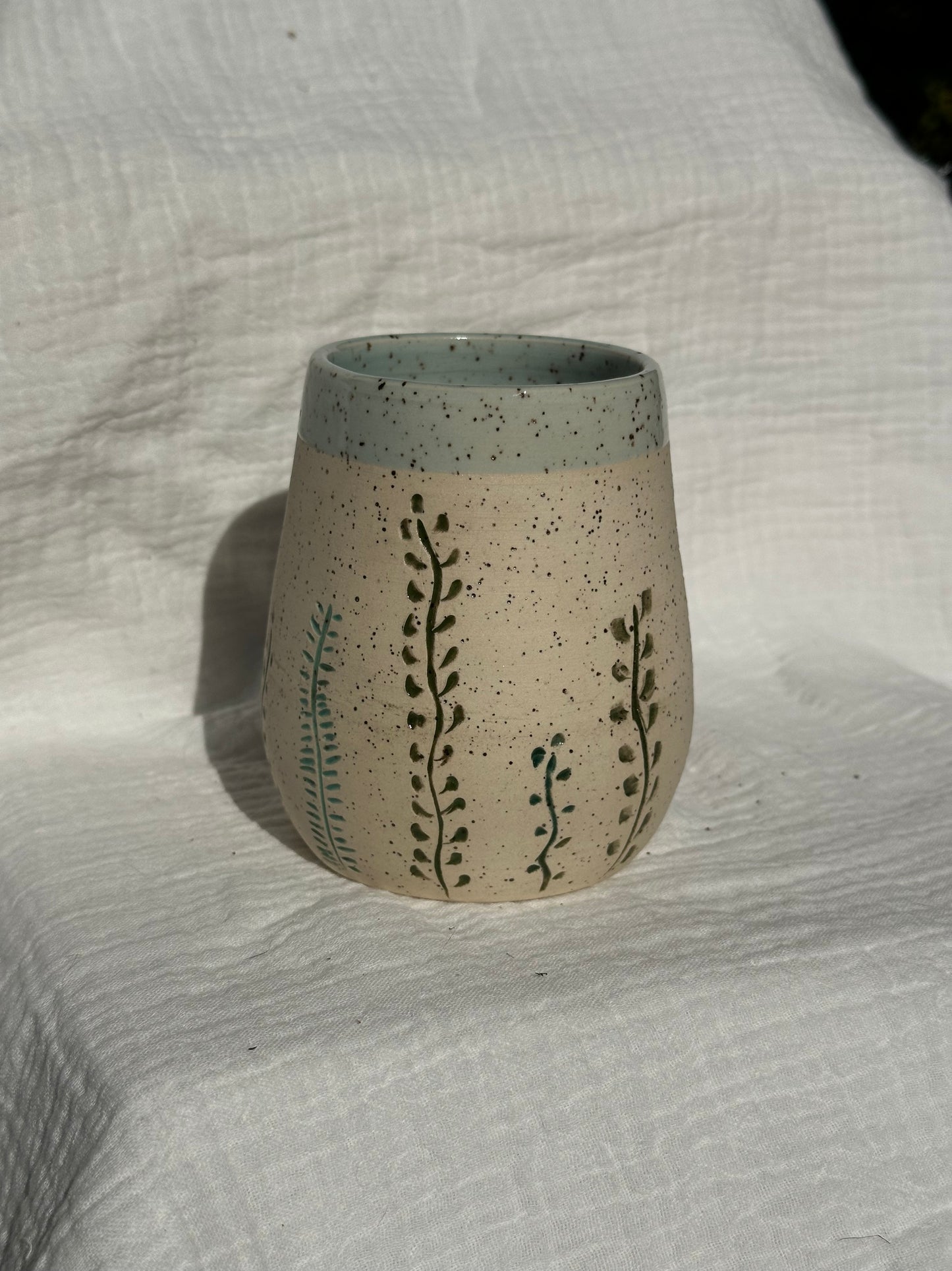 Ceramic Stoneware Carved Flowers Wine Whiskey Cup Botanical Floral Pottery Floral Tumbler
