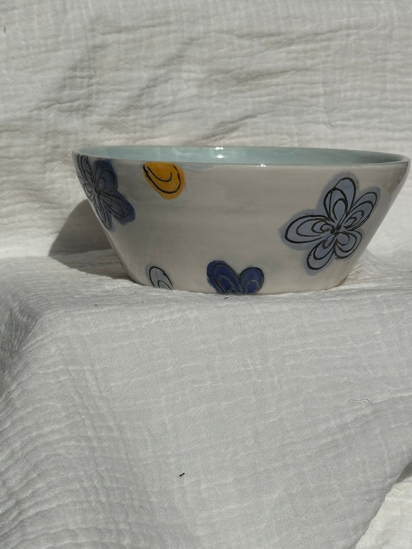 Ceramic Stoneware Blue Yellow White Carved Flowers Bowl Cereal Everyday Serving Pottery