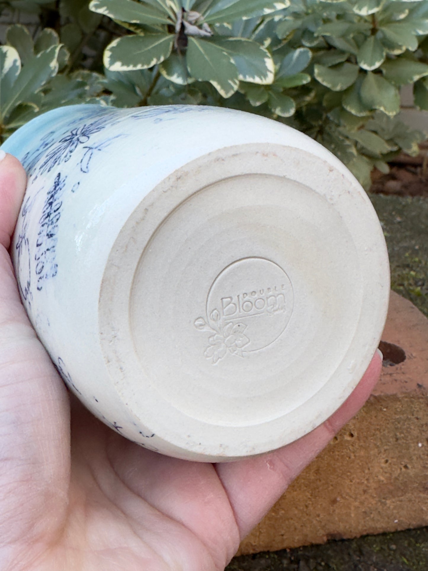 Ceramic Stoneware Blue Flowered Floral To-Go Cup Tumbler Pottery