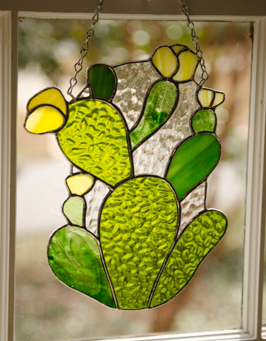 Handmade Stained Glass Prickly Pear Cactus Yellow Flowers with Dichromatic Accents Suncatcher Window Decoration Art Plant Lover