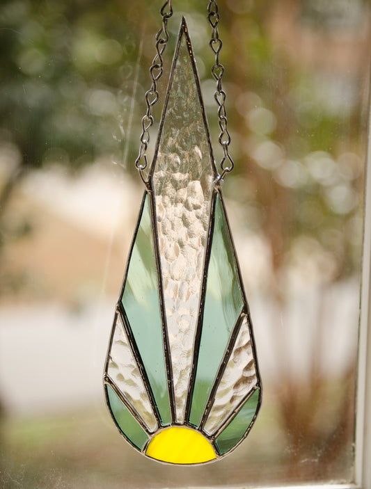 Stained Glass Green Clear Amber Geometric Sun Ray Suncatcher Window Decoration Glass Art Gift Sun Catcher