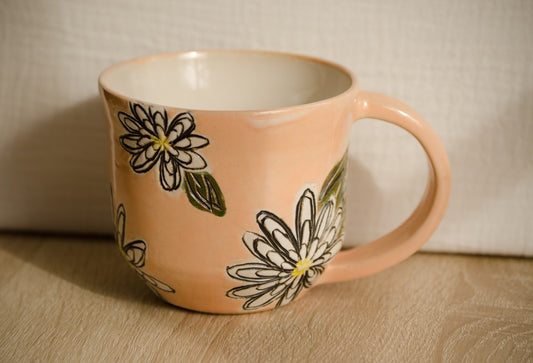 Handmade Ceramic Stoneware Carved White Daisy Flowers Peach Coffee Tea Mug Cup Botanical Floral Pottery Floral
