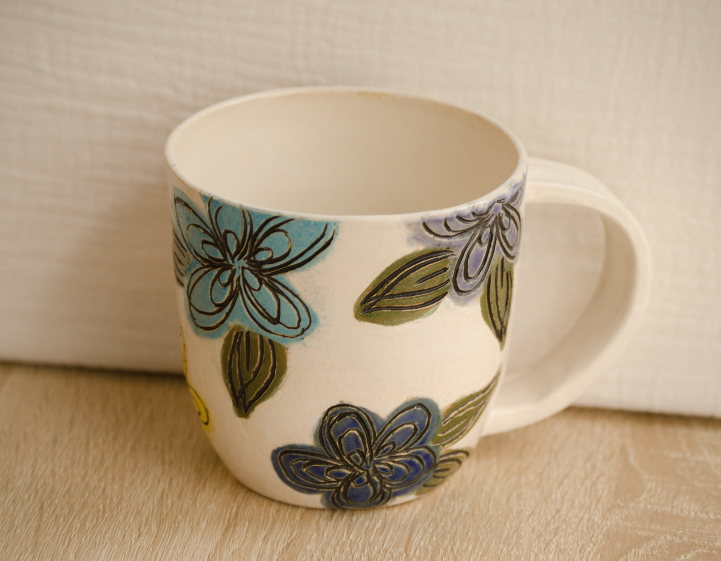 Handmade Ceramic Stoneware Carved Rainbow Scribble Colorful Flowers Coffee Tea Mug Cup Botanical Floral Pottery Floral Pride Multi Color