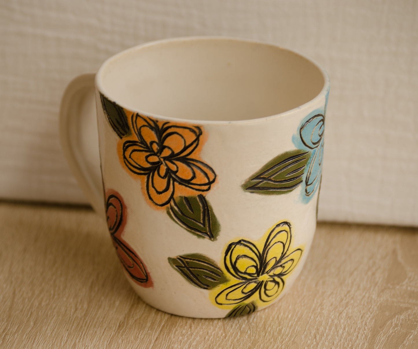 Handmade Ceramic Stoneware Carved Rainbow Scribble Colorful Flowers Coffee Tea Mug Cup Botanical Floral Pottery Floral Pride Multi Color