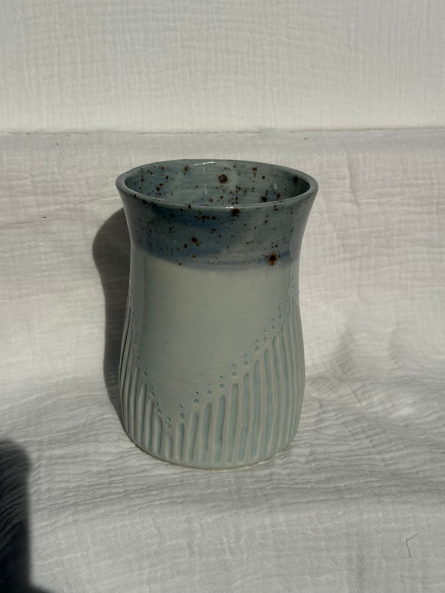 Ceramic Stoneware Blue Speckled Utensil Holder Vase Pottery Floral