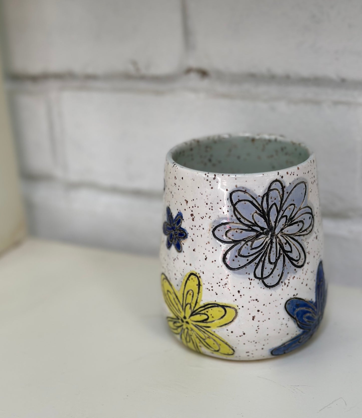 Ceramic Stoneware Carved Flowers Wine Whiskey Cup Botanical Floral Pottery Floral Tumbler