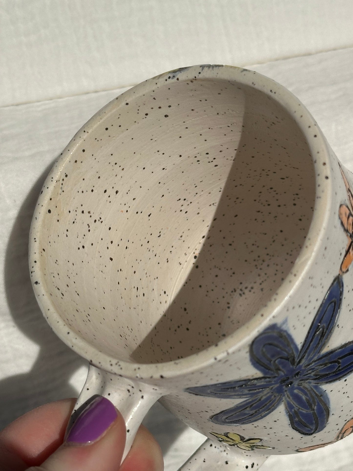Ceramic Stoneware Carved Orange Yellow and Blue Multi Colored Flowers Coffee Tea Mug Cup Botanical Floral Pottery Floral Pride