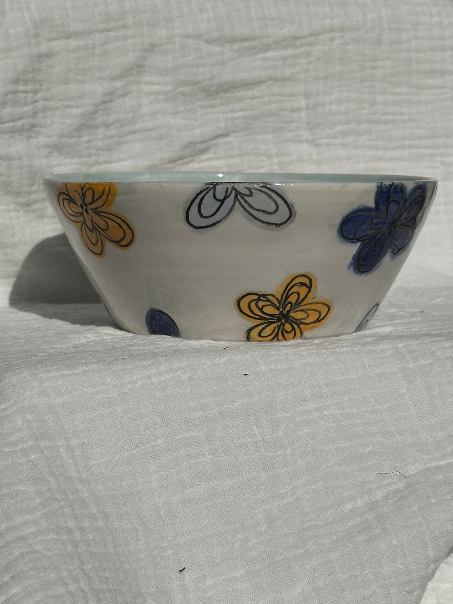 Ceramic Stoneware Blue Yellow White Carved Flowers Bowl Cereal Everyday Serving Pottery