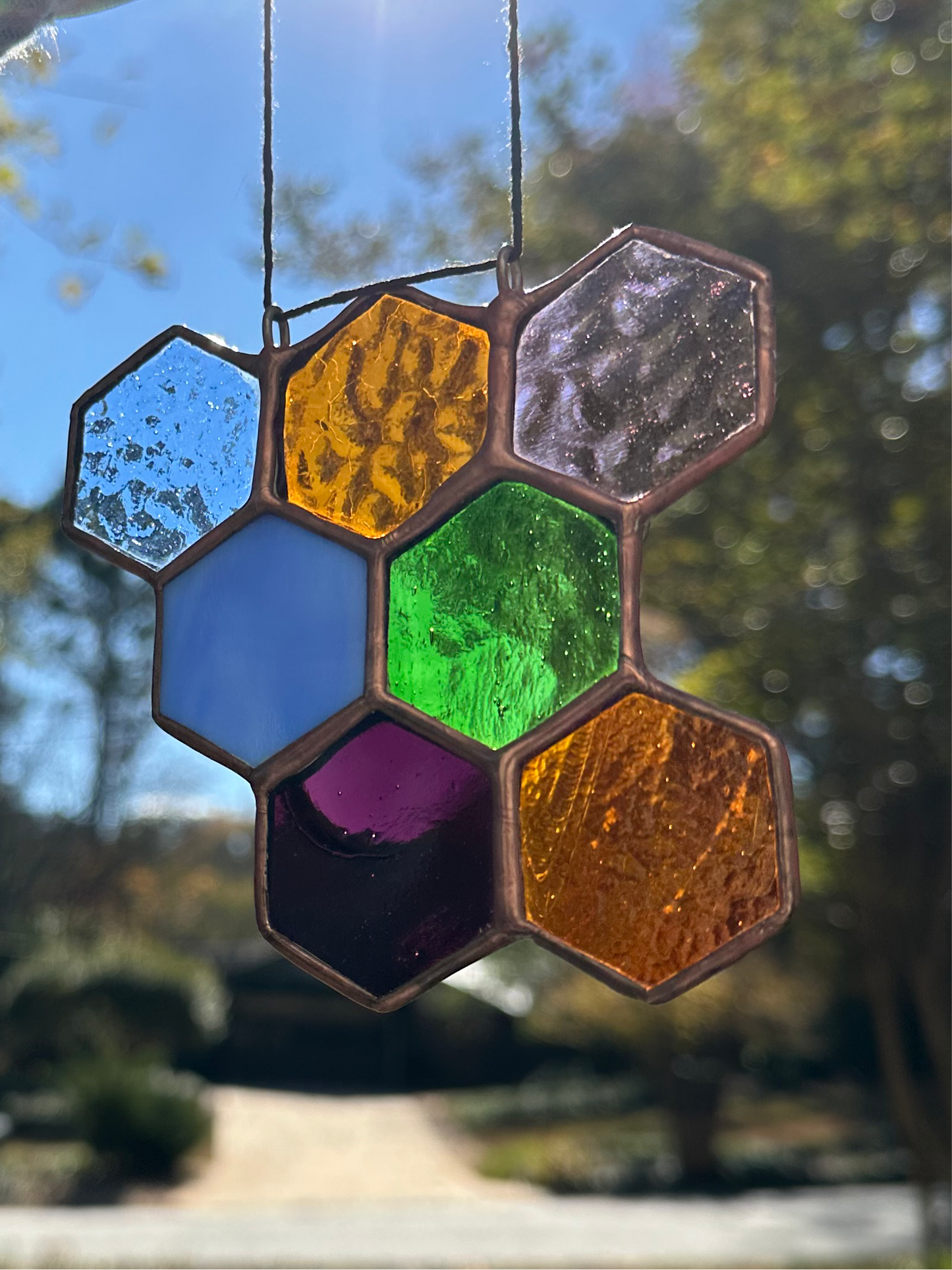 Stained Glass Honeycomb Hexagon Suncatcher Window Decoration Glass Art Gift Housewarming