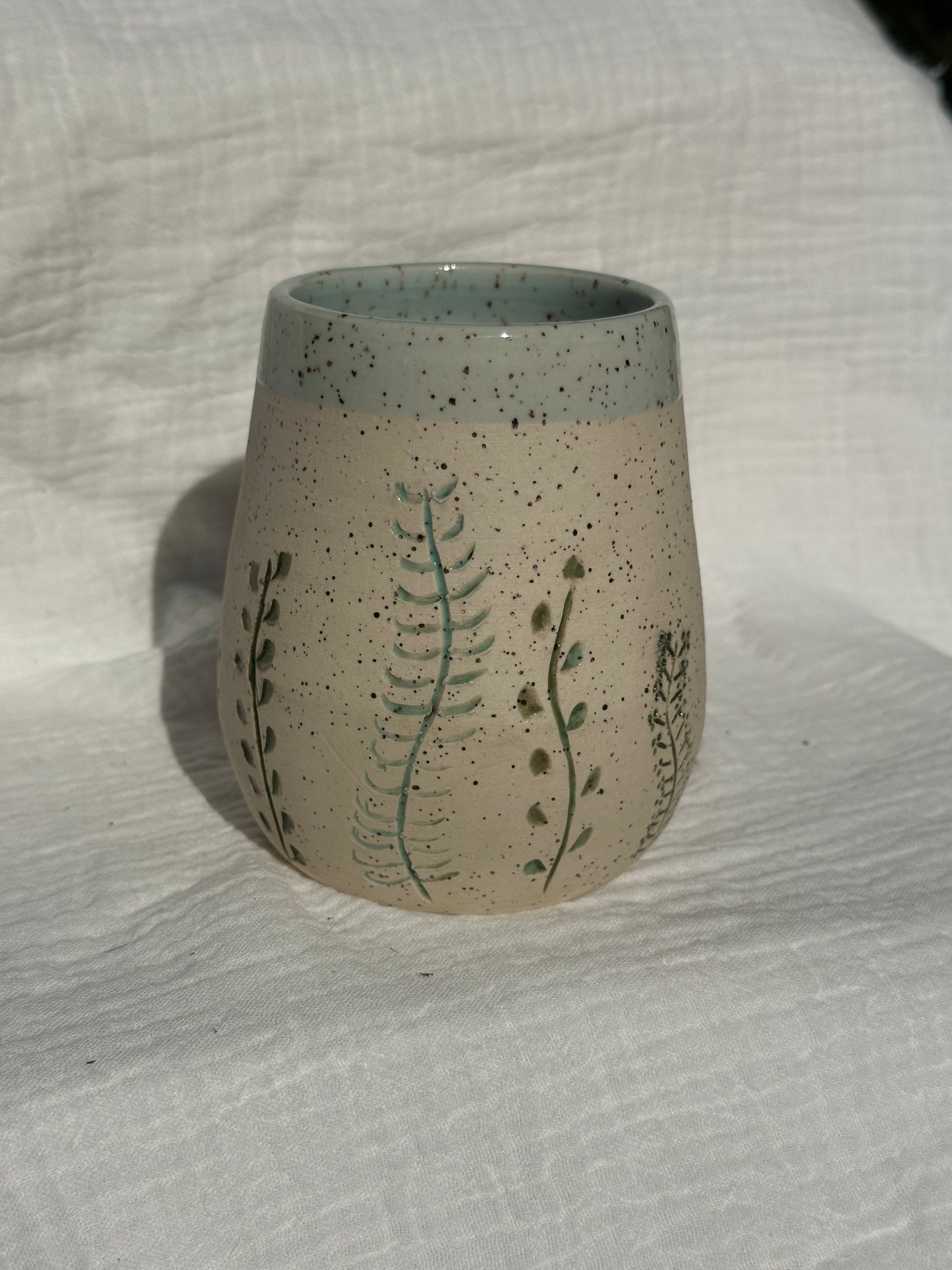 Ceramic Stoneware Carved Flowers Wine Whiskey Cup Botanical Floral Pottery Floral Tumbler