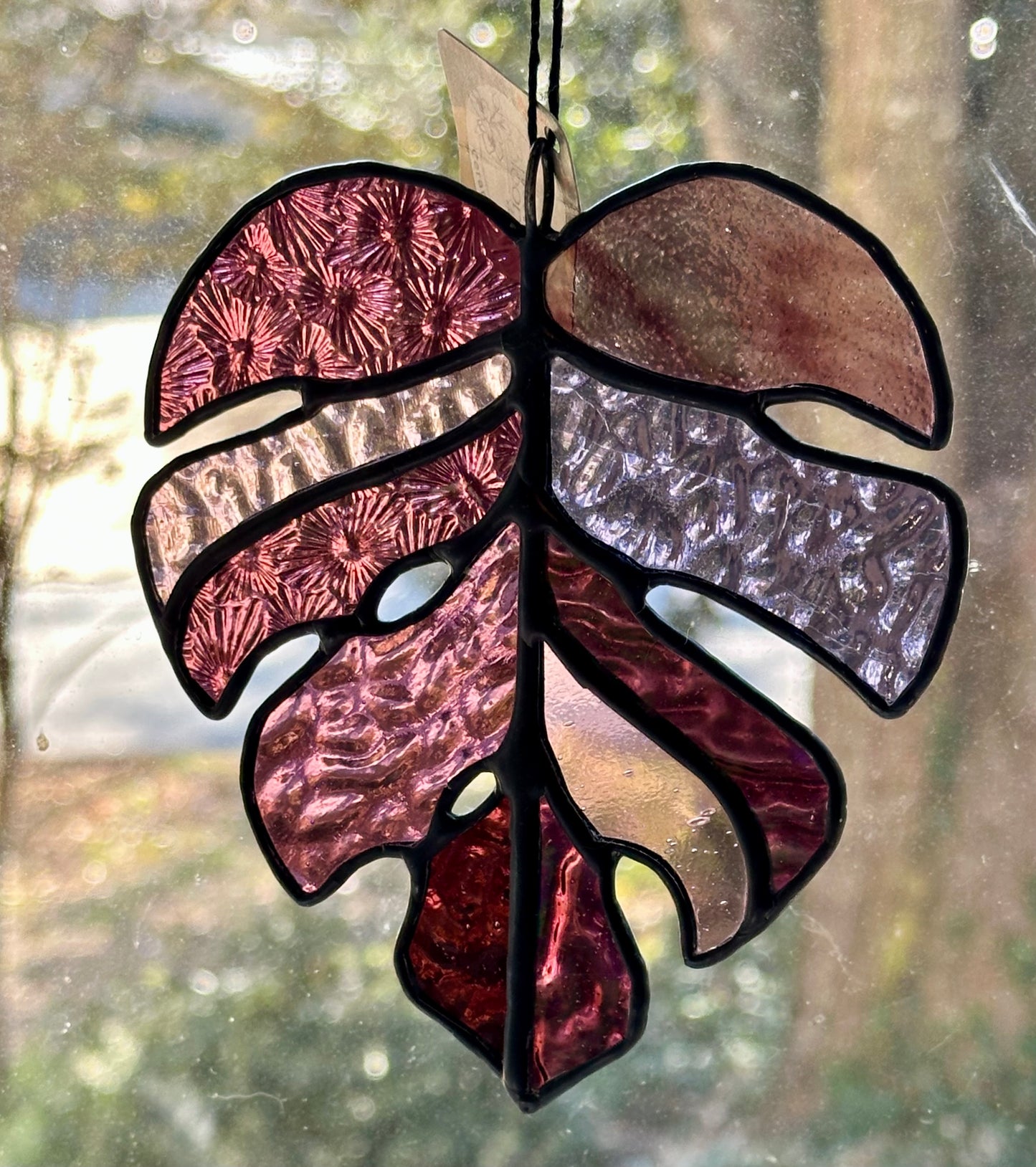 Ready to ship Stained Glass Purple Monstera Leaf Black Patina Suncatcher Window Decoration Glass Art Plant Lover Gift