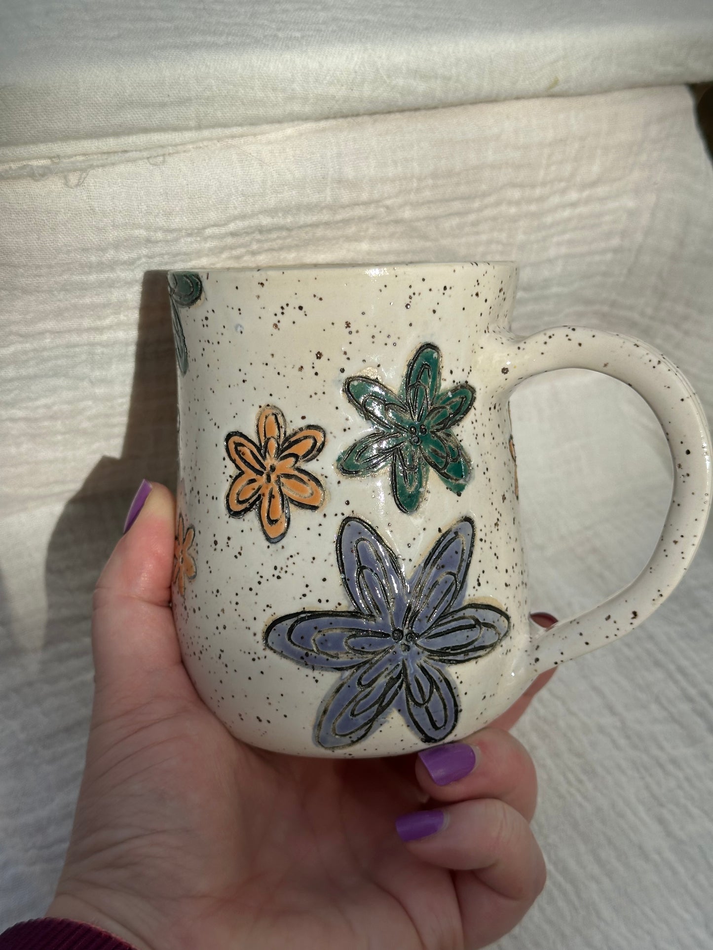 Ceramic Stoneware Carved Multi Colored Flowers Coffee Tea Mug Cup Botanical Floral Pottery Floral Pride