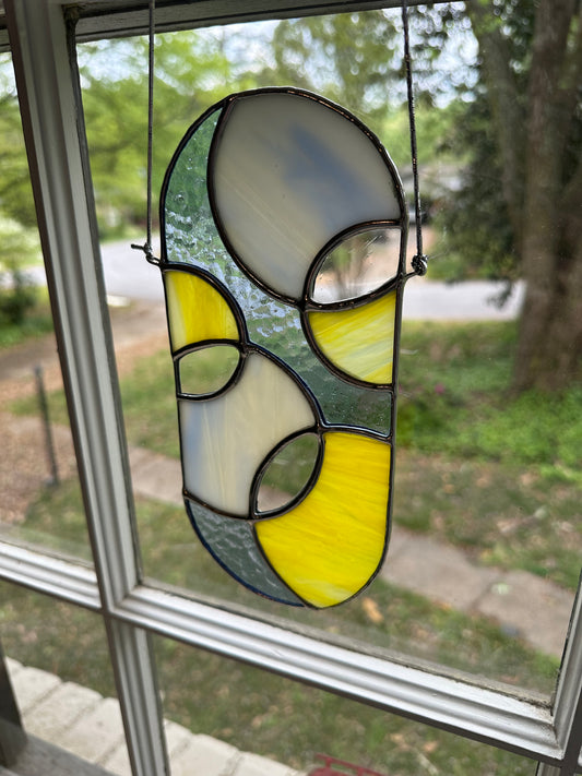 Stained Glasss Blue Yellow White Geometric  Circles Suncatcher Window Decoration Glass Art Gift Sun Catcher