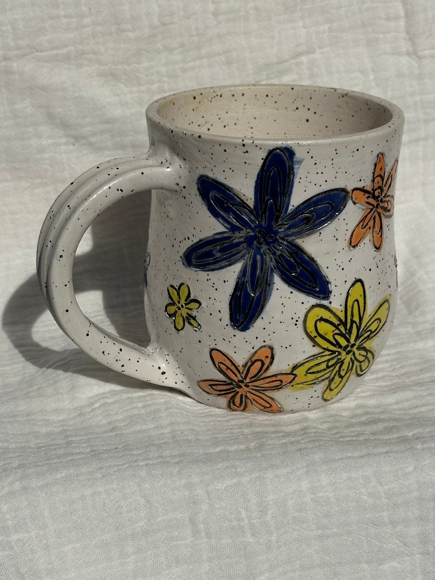 Ceramic Stoneware Carved Orange Yellow and Blue Multi Colored Flowers Coffee Tea Mug Cup Botanical Floral Pottery Floral Pride