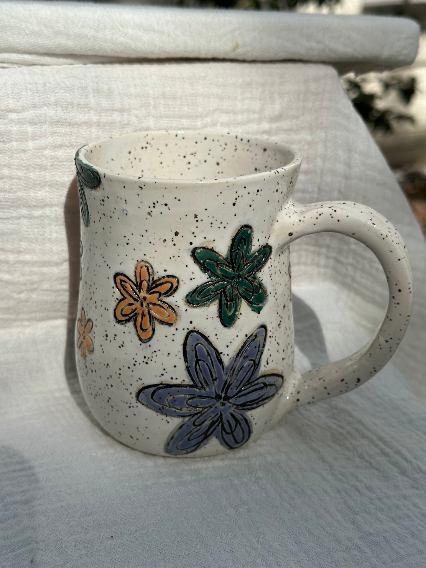 Ceramic Stoneware Carved Multi Colored Flowers Coffee Tea Mug Cup Botanical Floral Pottery Floral Pride
