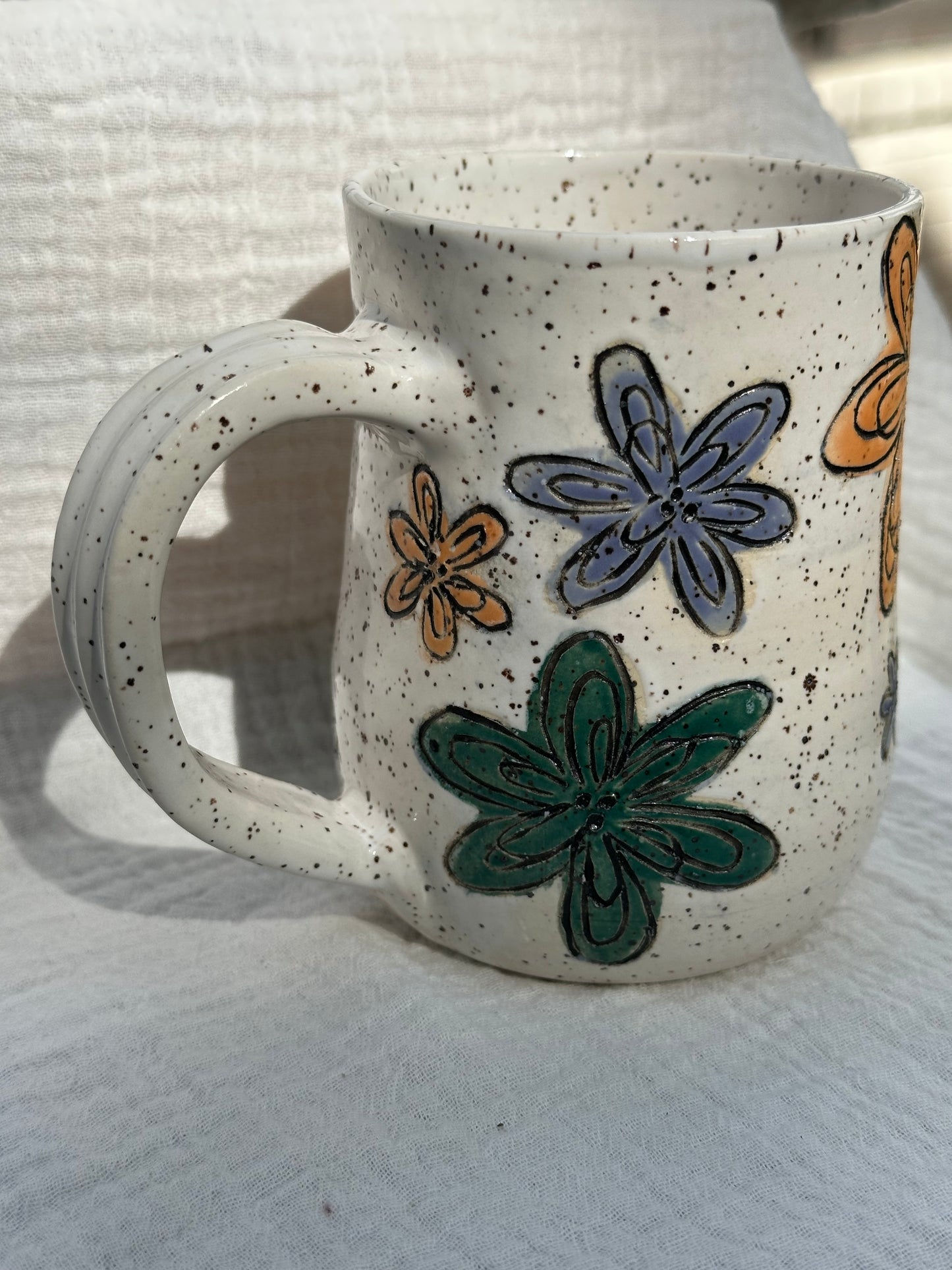 Ceramic Stoneware Carved Multi Colored Flowers Coffee Tea Mug Cup Botanical Floral Pottery Floral Pride