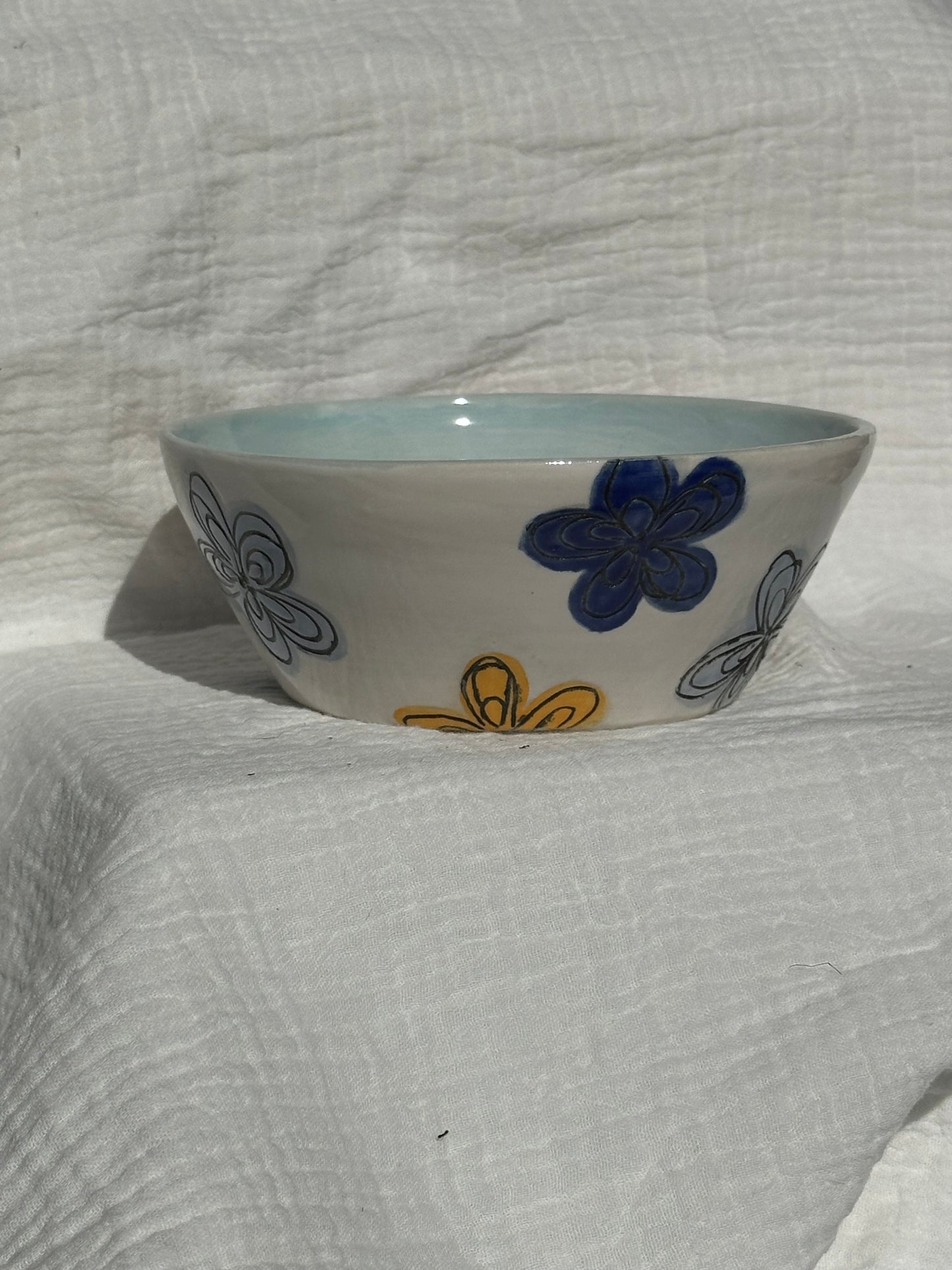 Ceramic Stoneware Blue Yellow White Carved Flowers Bowl Cereal Everyday Serving Pottery