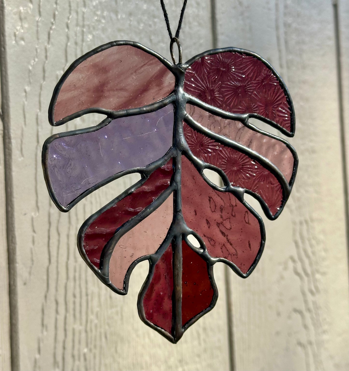 Ready to ship Stained Glass Purple Monstera Leaf Black Patina Suncatcher Window Decoration Glass Art Plant Lover Gift