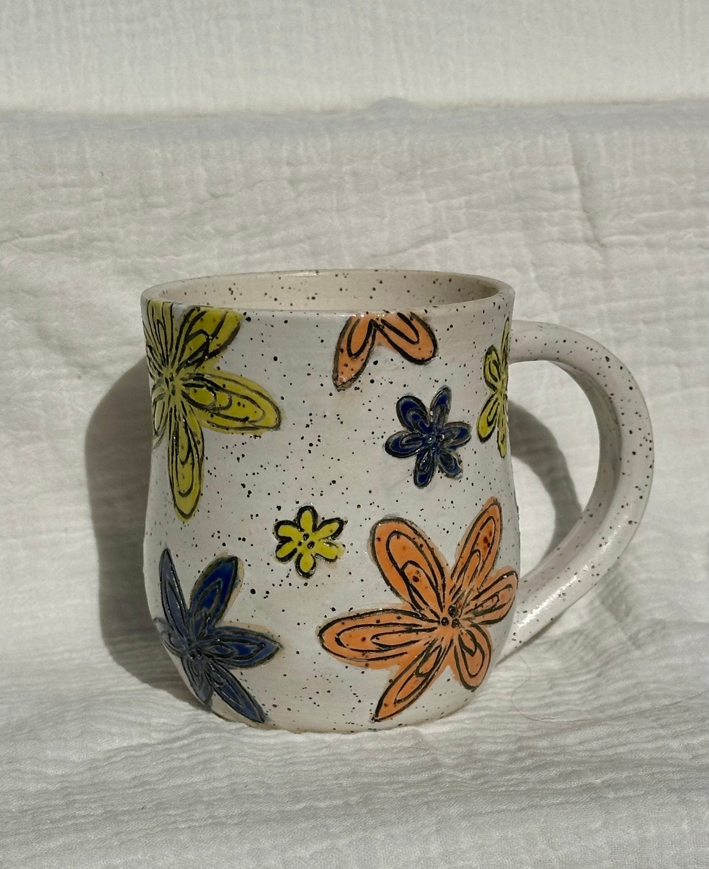 Ceramic Stoneware Carved Orange Yellow and Blue Multi Colored Flowers Coffee Tea Mug Cup Botanical Floral Pottery Floral Pride