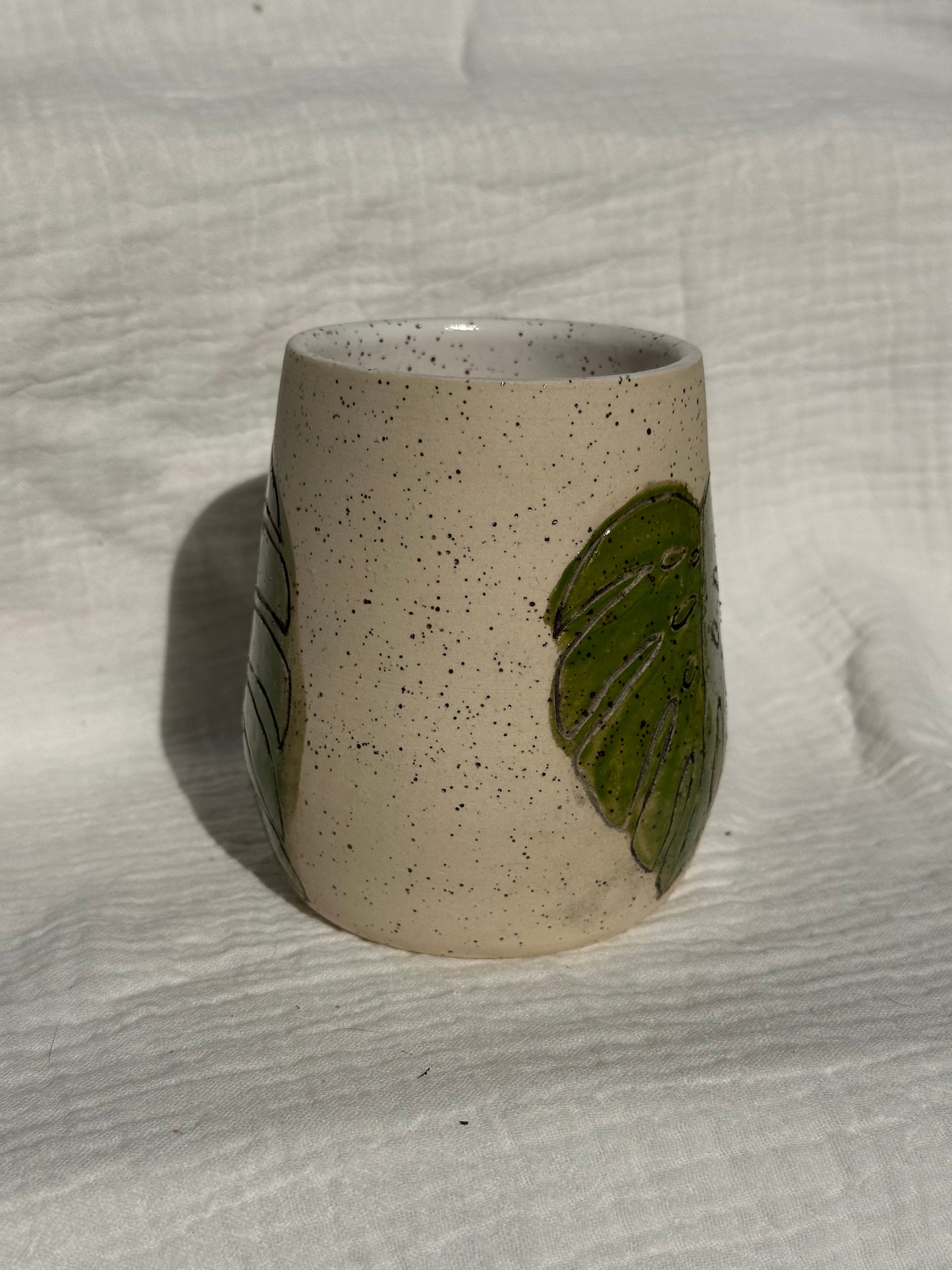 Ceramic Stoneware Carved Monstera Leaves Wine Whiskey Cup Botanical Floral Pottery Floral Tumbler