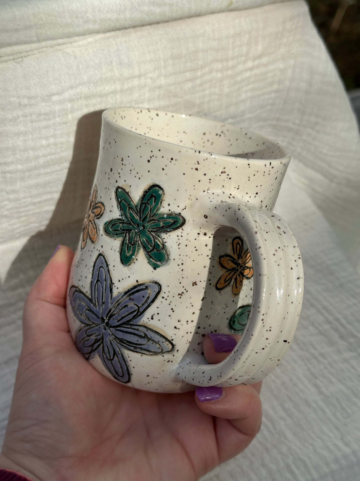 Ceramic Stoneware Carved Multi Colored Flowers Coffee Tea Mug Cup Botanical Floral Pottery Floral Pride