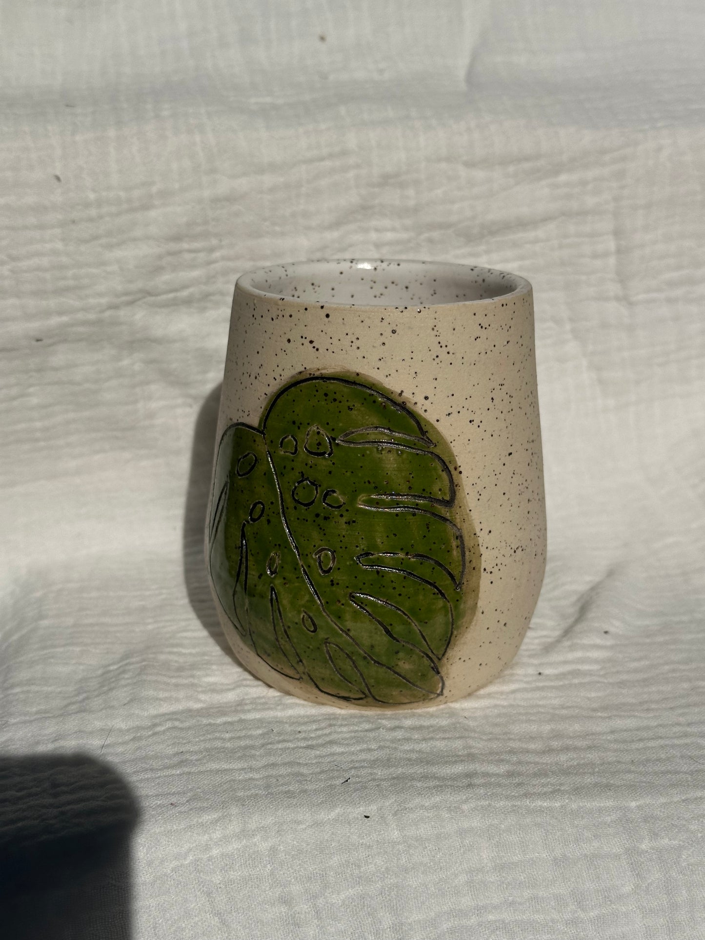 Ceramic Stoneware Carved Monstera Leaves Wine Whiskey Cup Botanical Floral Pottery Floral Tumbler