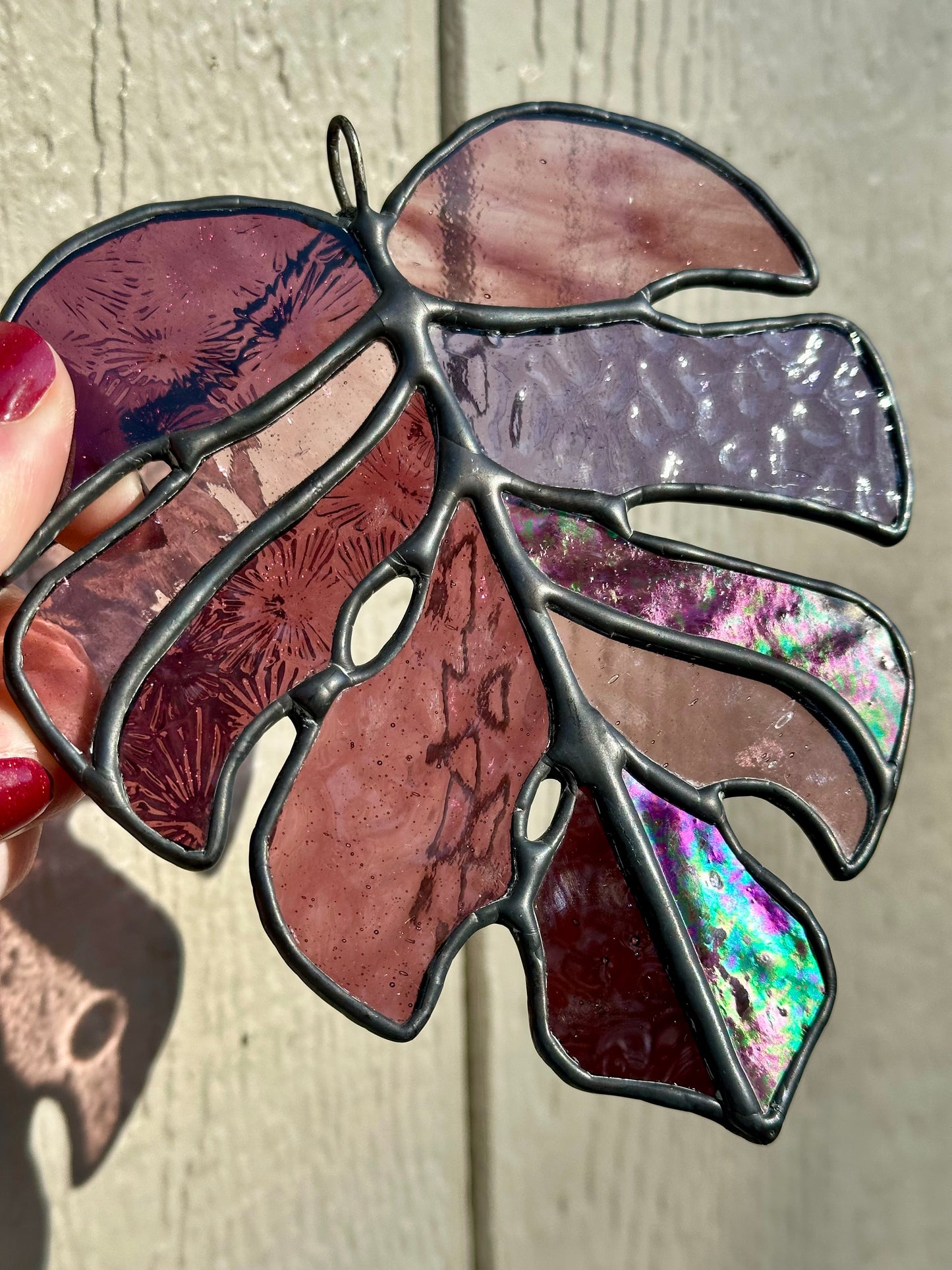 Ready to ship Stained Glass Purple Monstera Leaf Black Patina Suncatcher Window Decoration Glass Art Plant Lover Gift