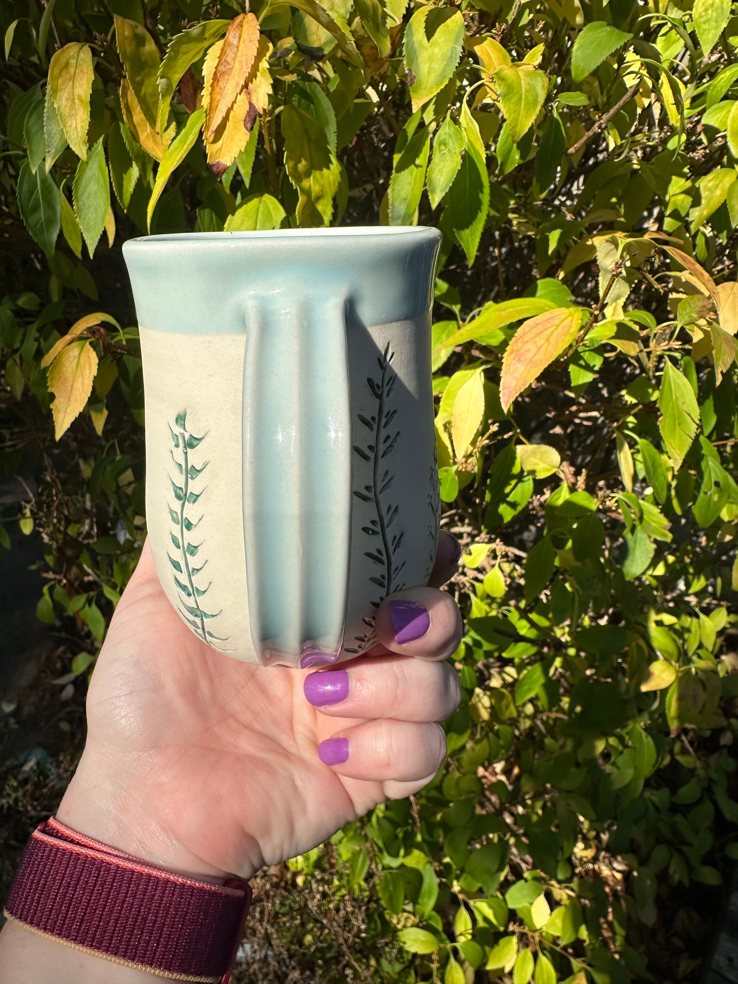 RESERVED Ceramic Stoneware Carved Vines Coffee Tea Mug Cup Botanical Floral Pottery Floral Pride
