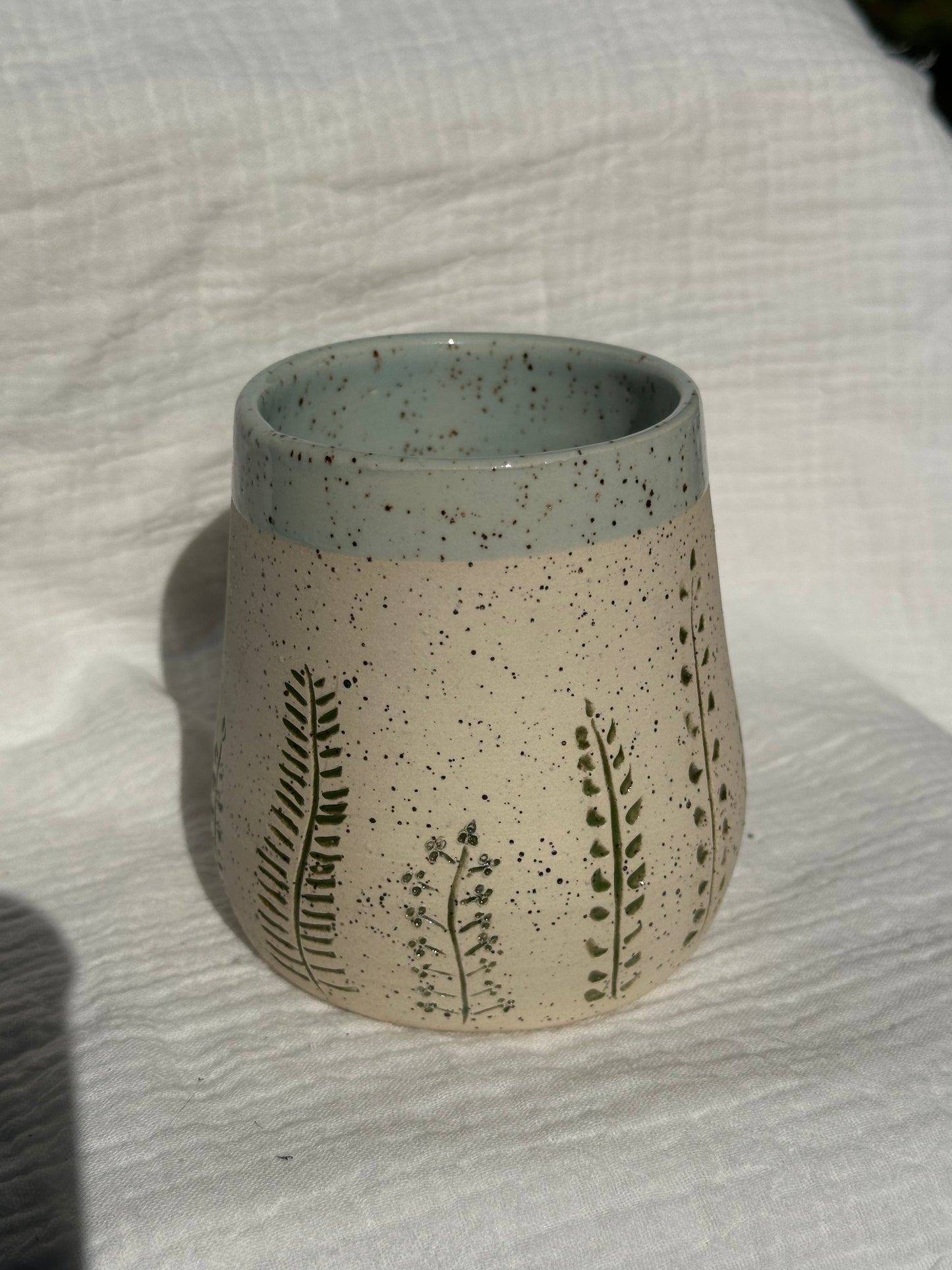 Ceramic Stoneware Carved Flowers Wine Whiskey Cup Botanical Floral Pottery Floral Tumbler