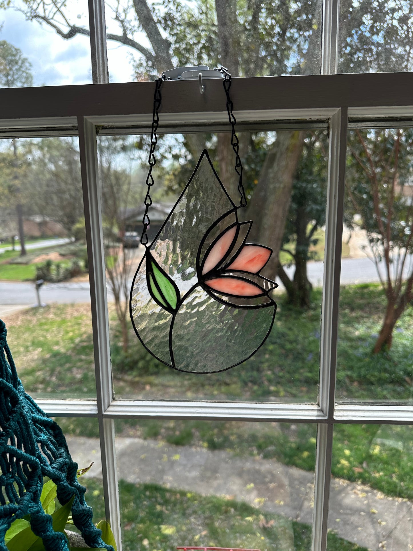 Reserved for Dana Custom Stained Glass Pink Flower Bloom in Teardrop Suncatcher Window Decoration Art Plant Lover