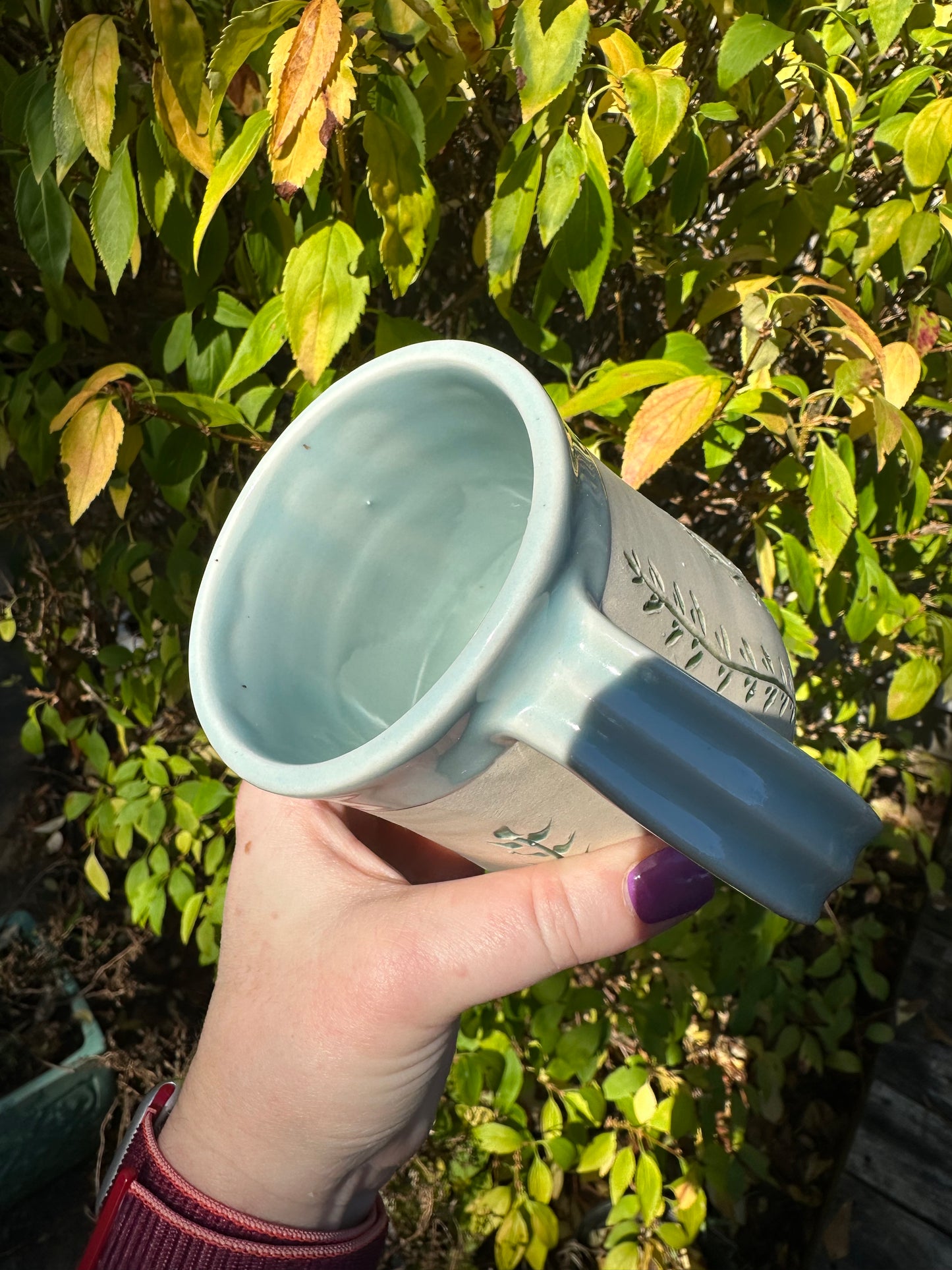 RESERVED Ceramic Stoneware Carved Vines Coffee Tea Mug Cup Botanical Floral Pottery Floral Pride