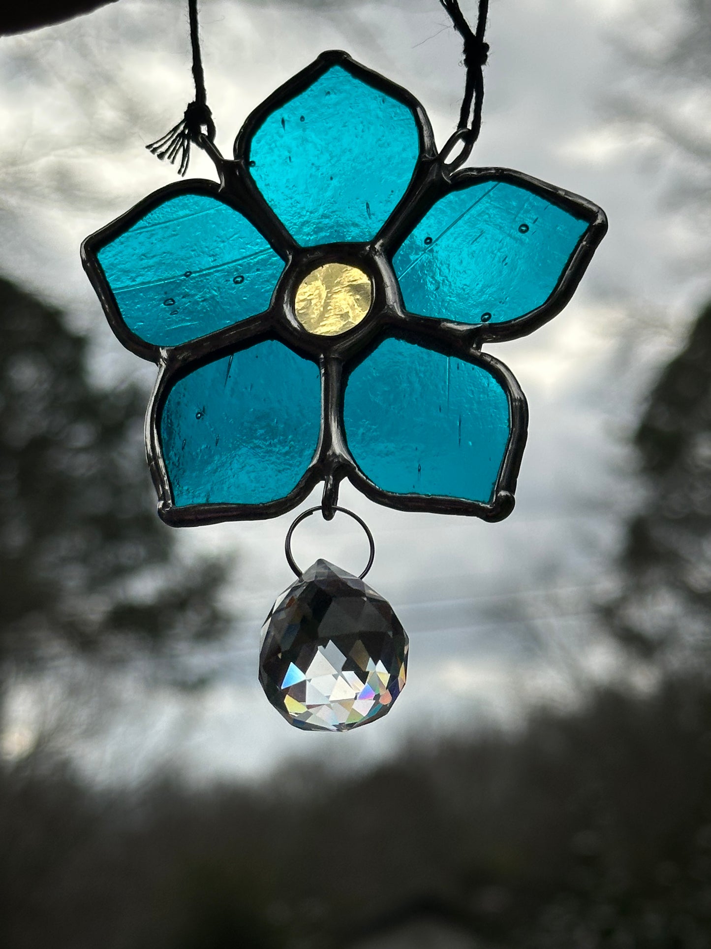 Ready to Ship Stained Glass Blue Floral Rainbow Maker Suncatcher Window Decoration Glass Art Gift