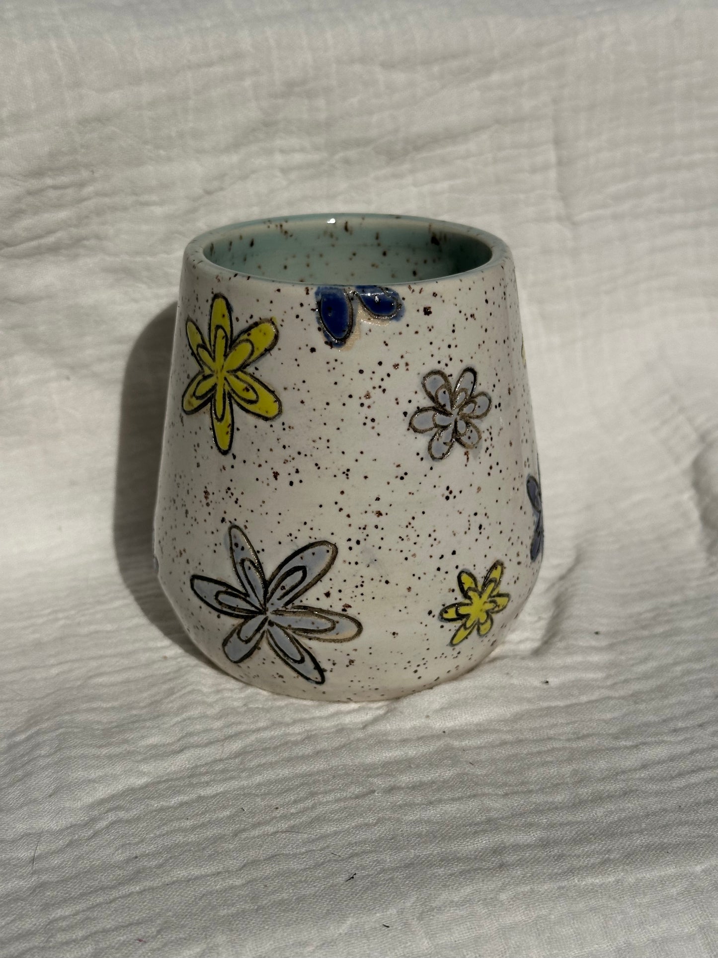 Ceramic Stoneware Carved Blue Yellow and Light Blue Carved Flowers Wine Whiskey Cup Botanical Floral Pottery Floral Tumbler
