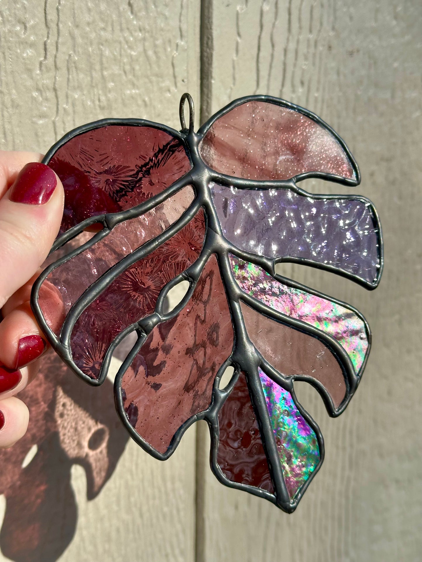 Ready to ship Stained Glass Purple Monstera Leaf Black Patina Suncatcher Window Decoration Glass Art Plant Lover Gift