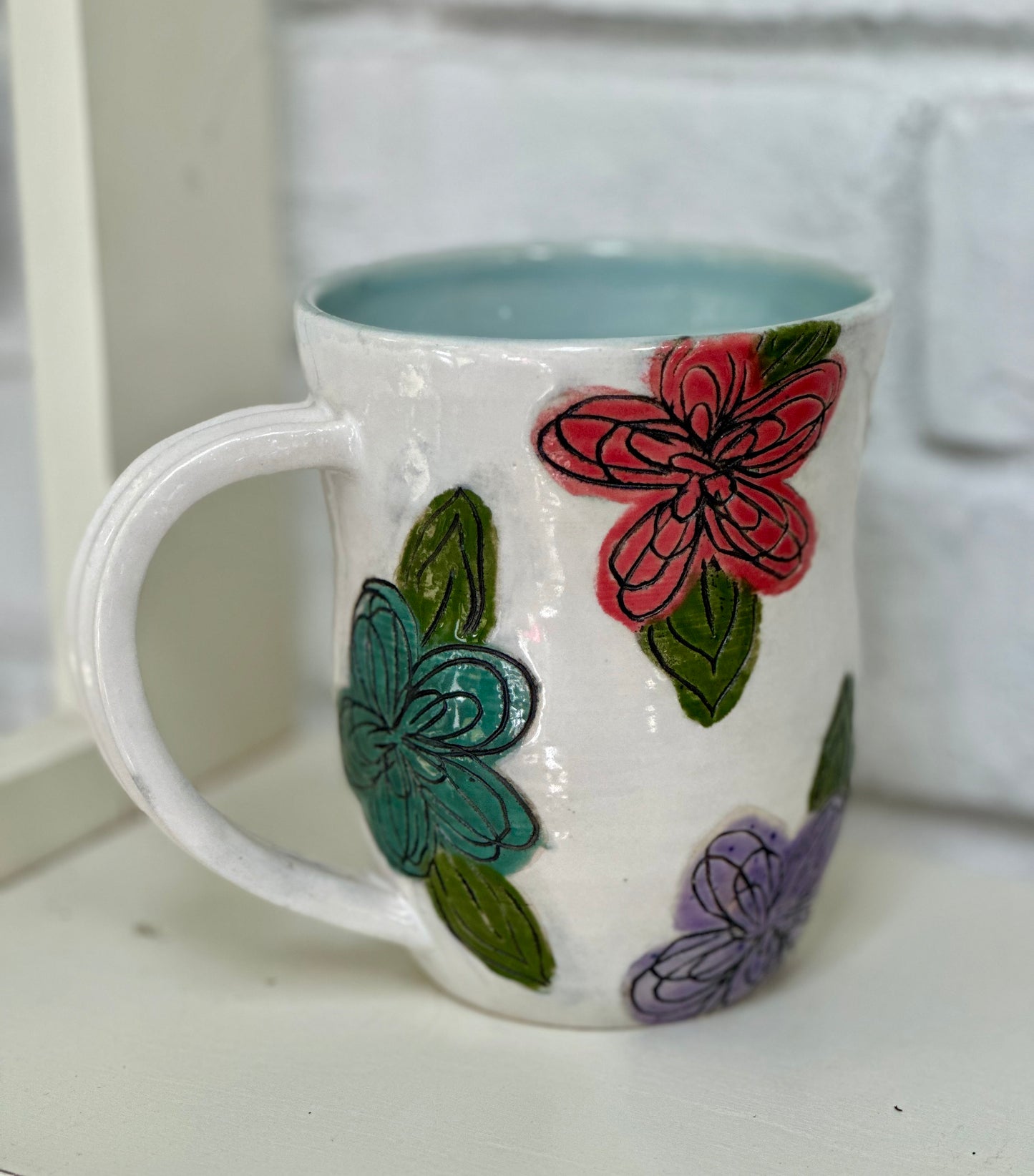 Ceramic Stoneware Carved Flowers Coffee Tea Mug Cup Botanical Floral Pottery Floral Pride