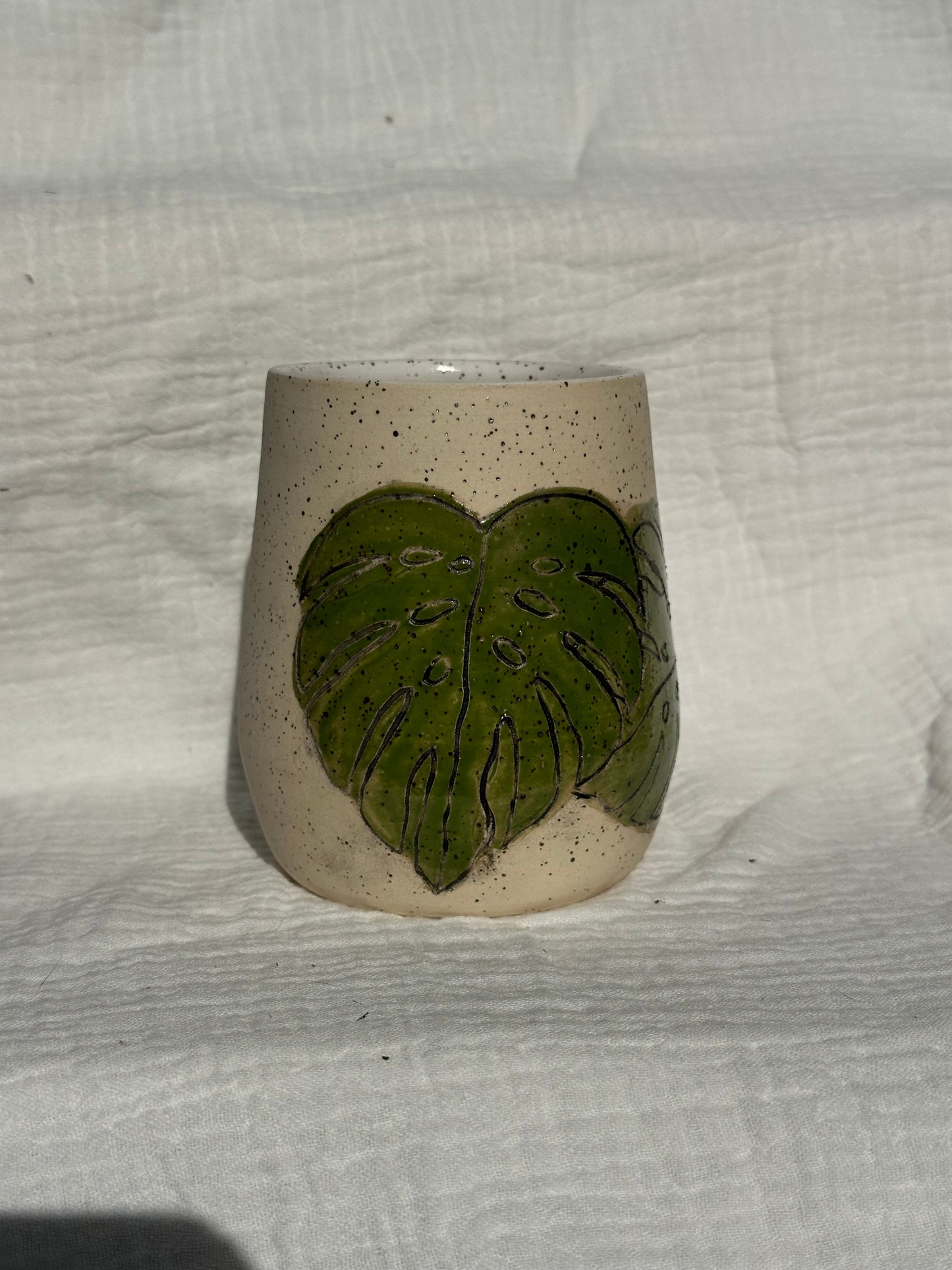 Ceramic Stoneware Carved Monstera Leaves Wine Whiskey Cup Botanical Floral Pottery Floral Tumbler