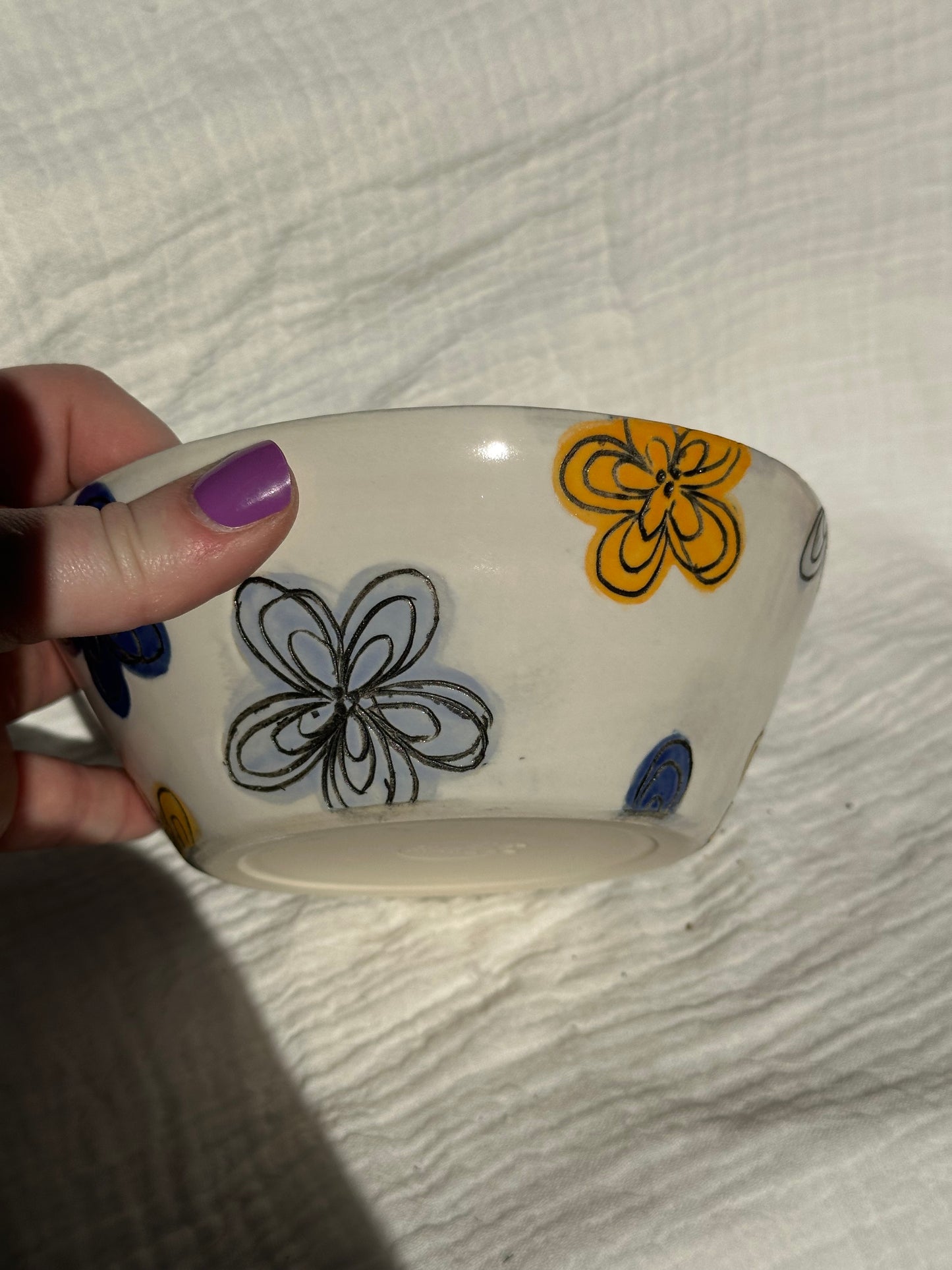 Ceramic Stoneware Blue Yellow White Carved Flowers Bowl Cereal Everyday Serving Pottery