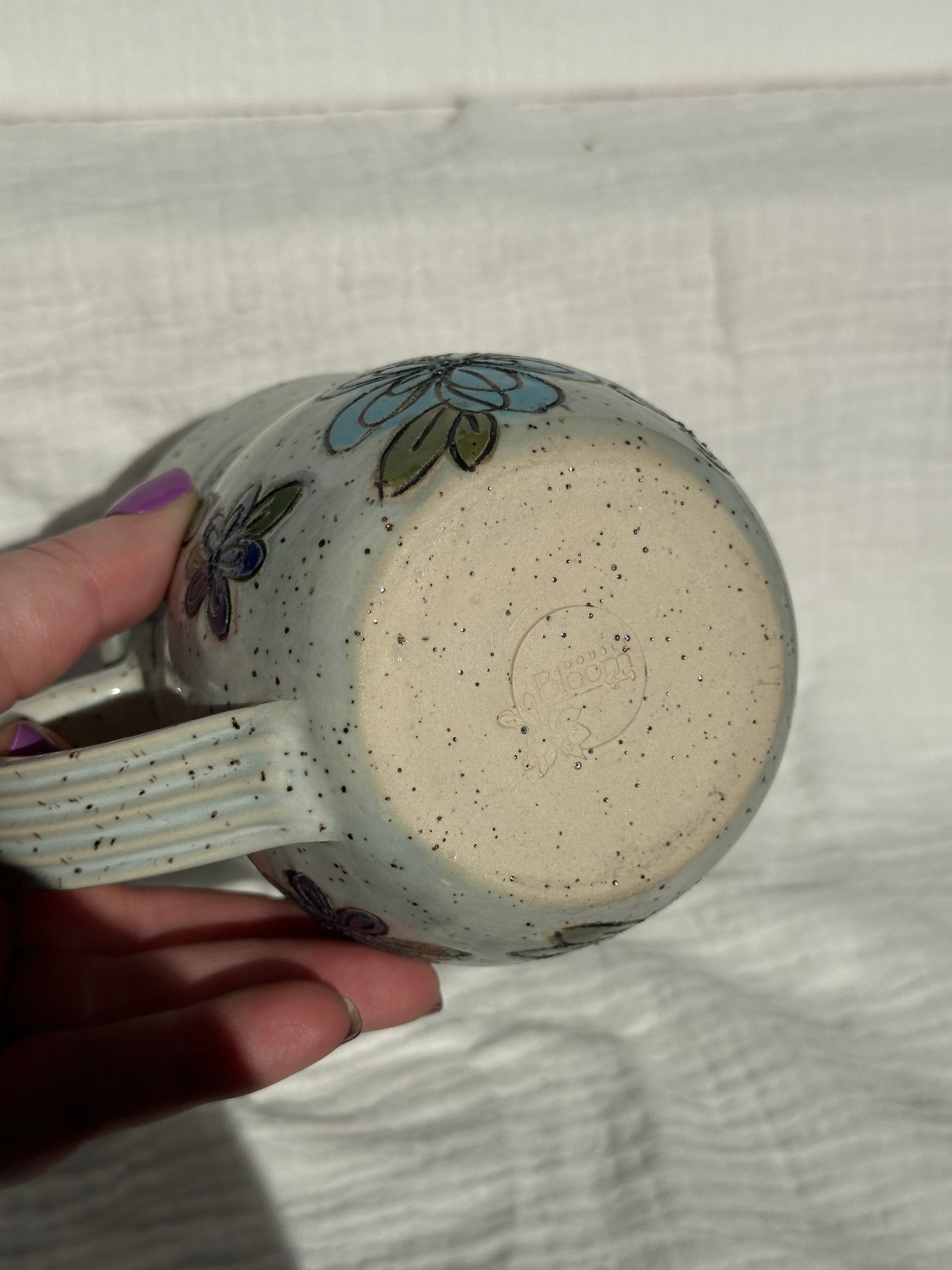 Ceramic Stoneware Carved Blue Multi Colored Flowers Coffee Tea Mug Cup Botanical Floral Pottery Floral Pride