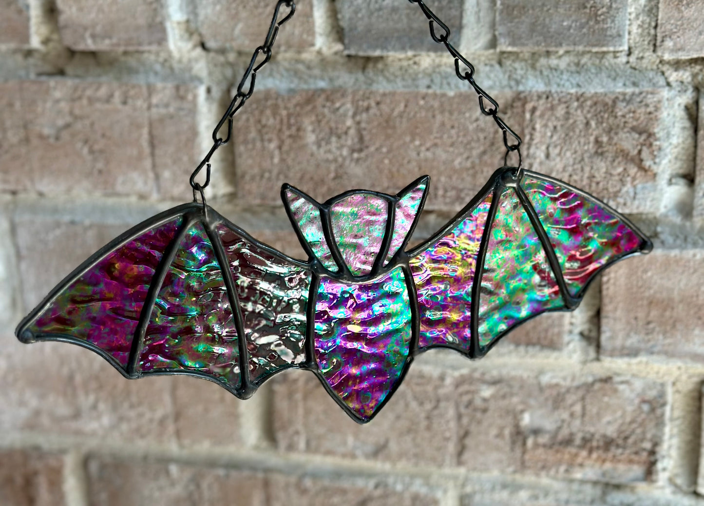 Stained Glass Halloween Bat Purple Iridescent Dichroic Dichro Black Patina Suncatcher Window Decoration Glass Art Plant Lover Gift