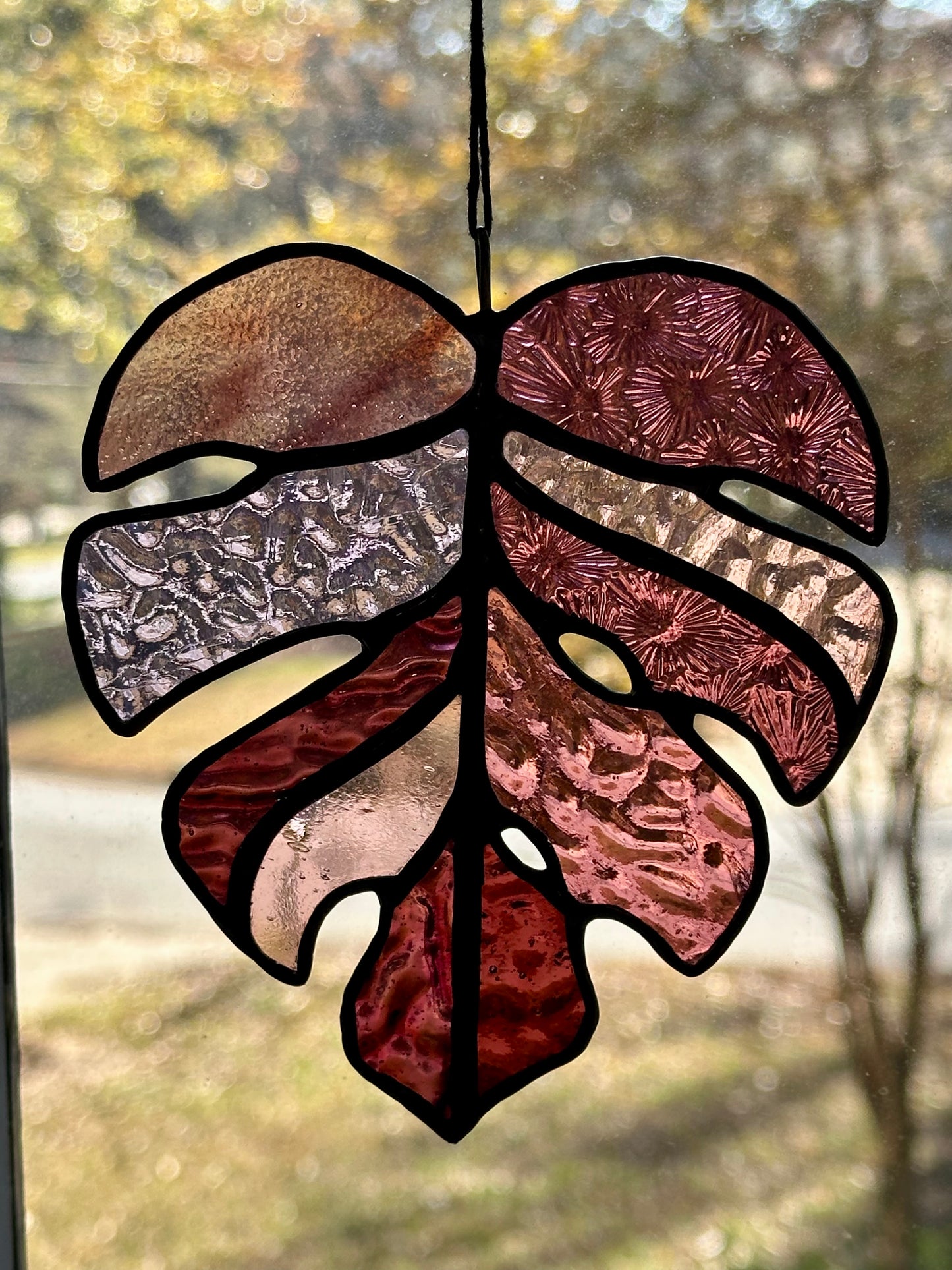 Ready to ship Stained Glass Purple Monstera Leaf Black Patina Suncatcher Window Decoration Glass Art Plant Lover Gift