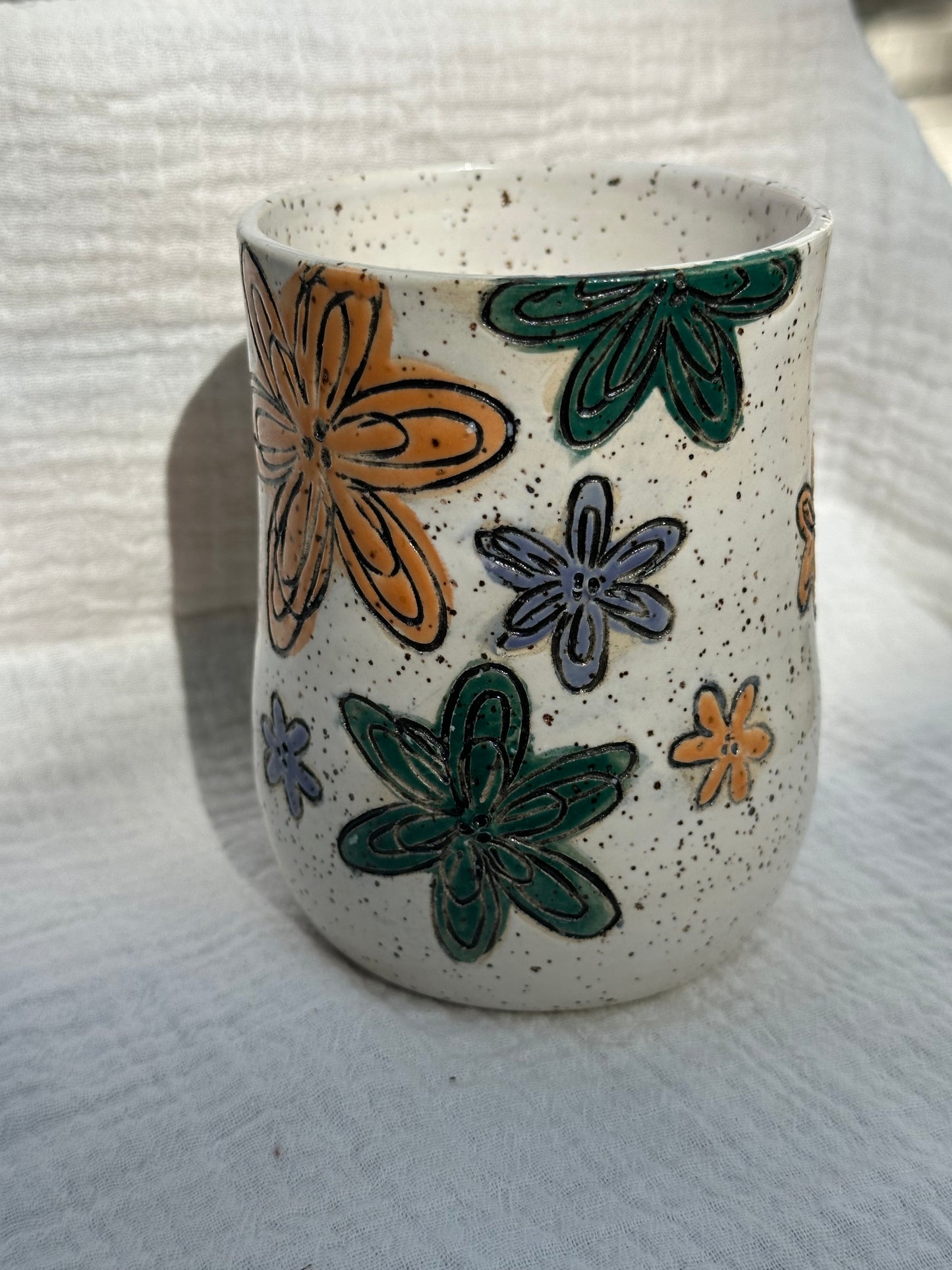 Ceramic Stoneware Carved Multi Colored Flowers Coffee Tea Mug Cup Botanical Floral Pottery Floral Pride
