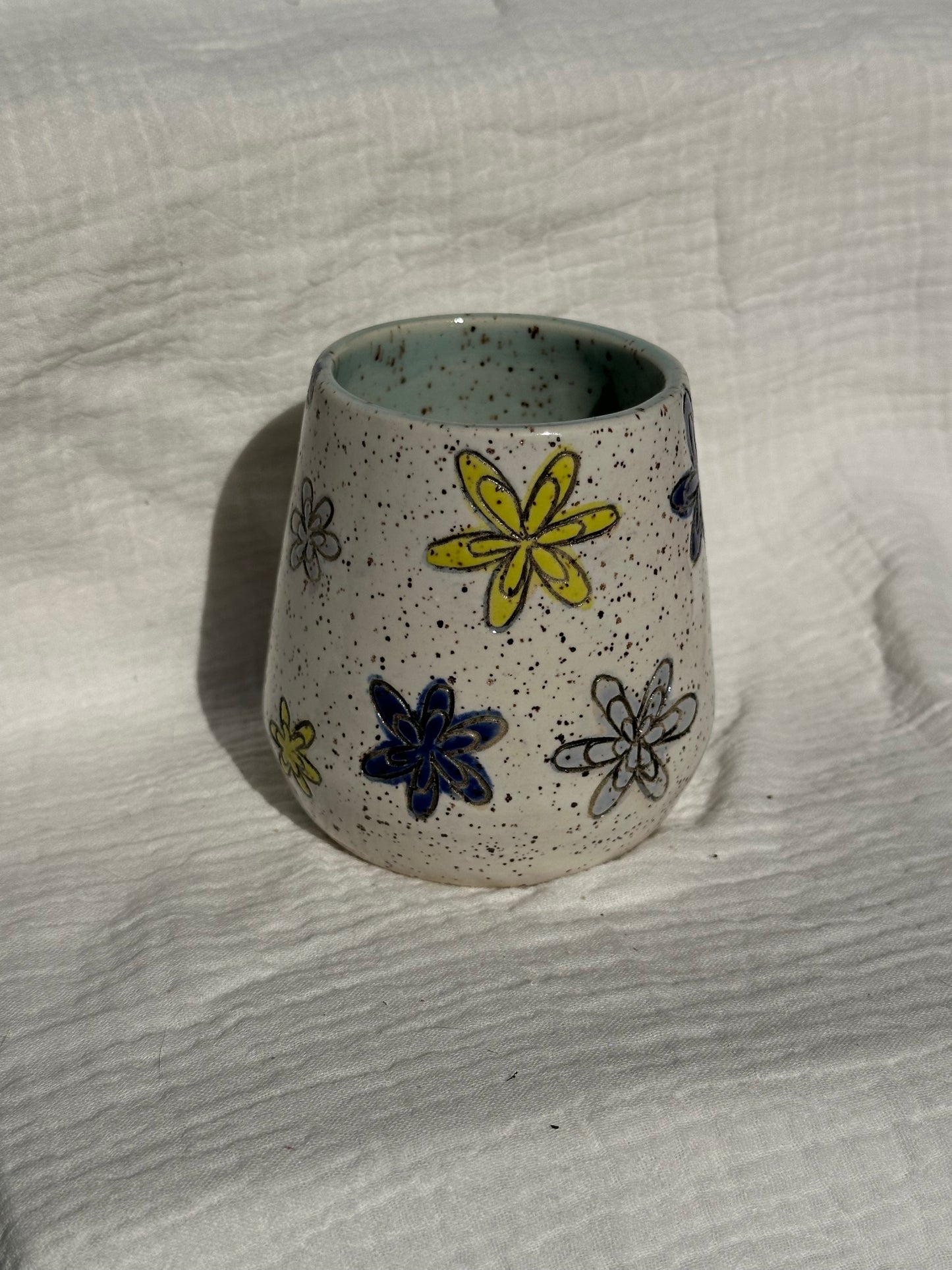 Ceramic Stoneware Carved Blue Yellow and Light Blue Carved Flowers Wine Whiskey Cup Botanical Floral Pottery Floral Tumbler