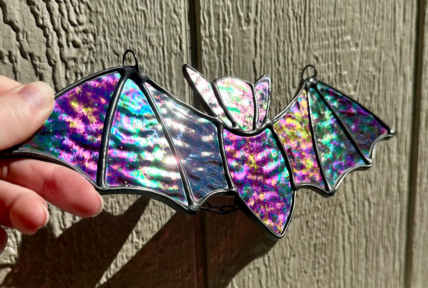 Stained Glass Halloween Bat Purple Iridescent Dichroic Dichro Black Patina Suncatcher Window Decoration Glass Art Plant Lover Gift