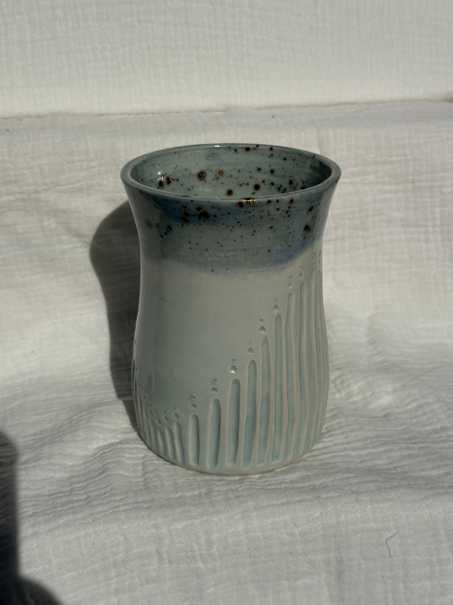 Ceramic Stoneware Blue Speckled Utensil Holder Vase Pottery Floral