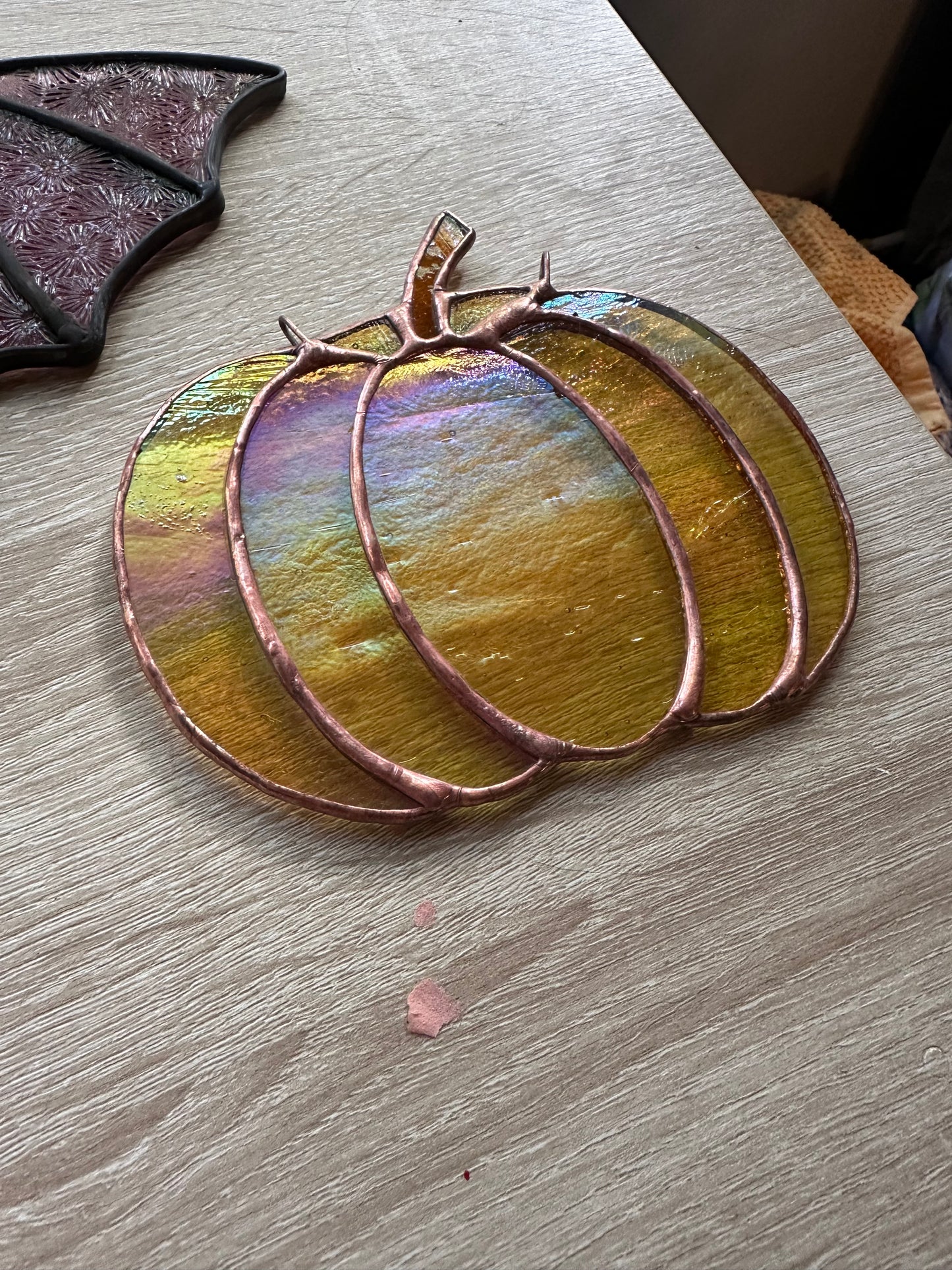 Stained Glass Halloween Pumpkin Gourd Fall Amber Iridescent Copper Patina Suncatcher Window Decoration Glass Art Gift Thanksgiving Housewarming