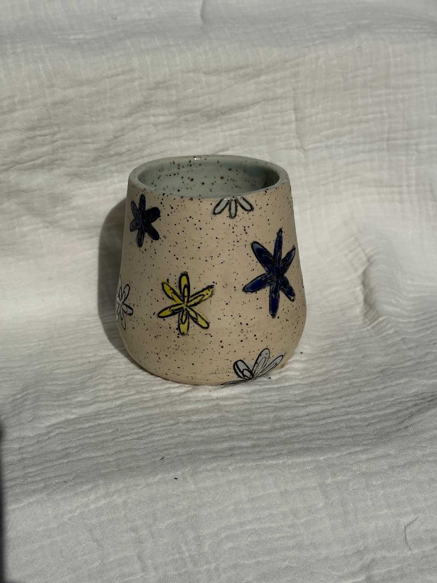 Ceramic Stoneware Carved Blue Yellow and Light Blue Carved Flowers Wine Whiskey Cup Botanical Floral Pottery Floral Tumbler